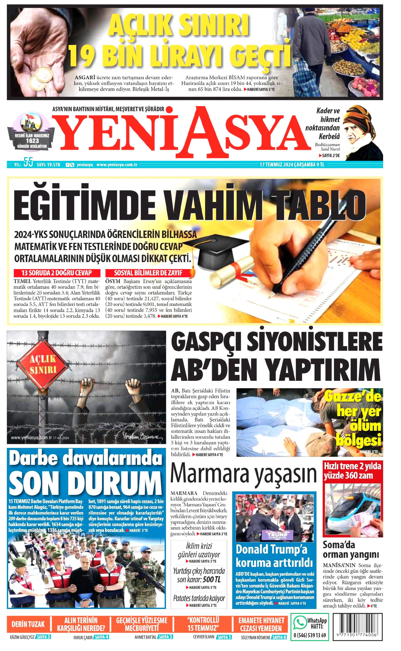 YENİ ASYA gazetesinin 17 Temmuz 2024 tarihli birinci sayfası