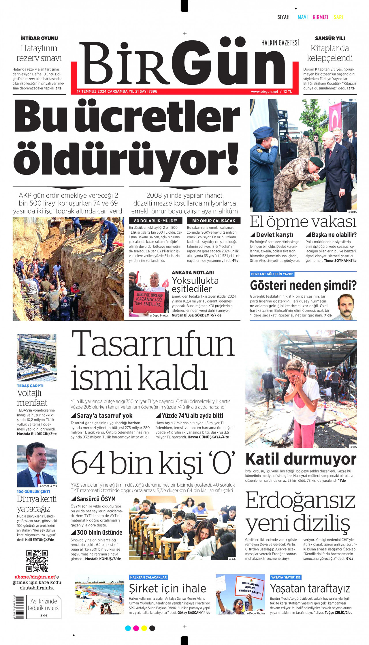 BİRGÜN gazetesinin 17 Temmuz 2024 tarihli birinci sayfası