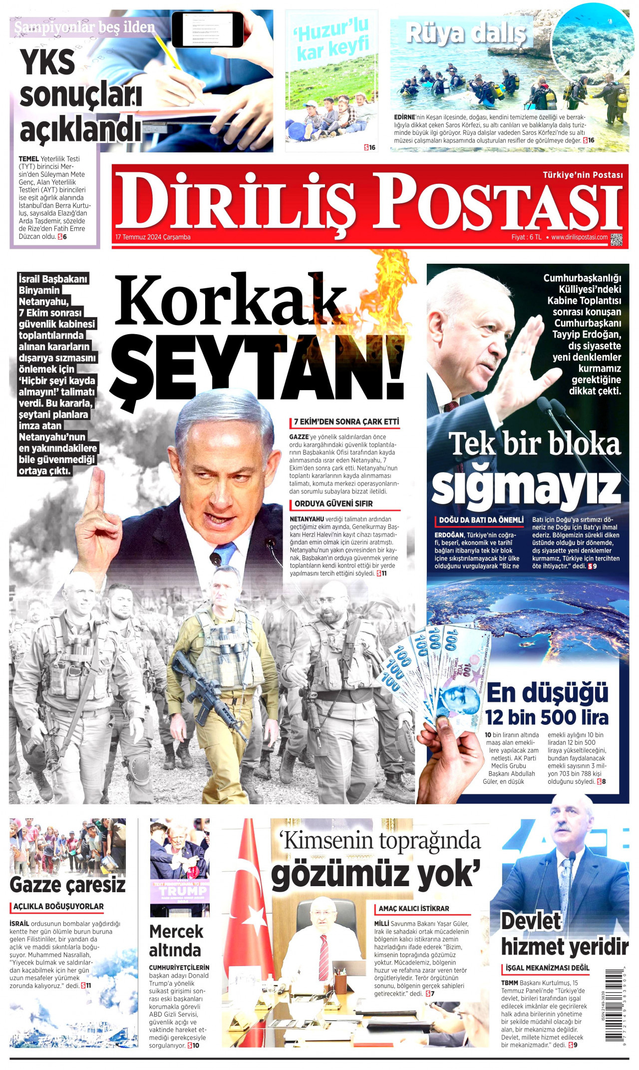 DİRİLİŞ POSTASI gazetesinin 17 Temmuz 2024 tarihli birinci sayfası