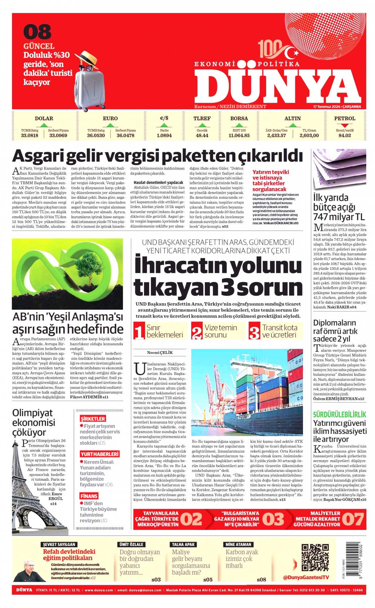 DÜNYA gazetesinin 17 Temmuz 2024 tarihli birinci sayfası