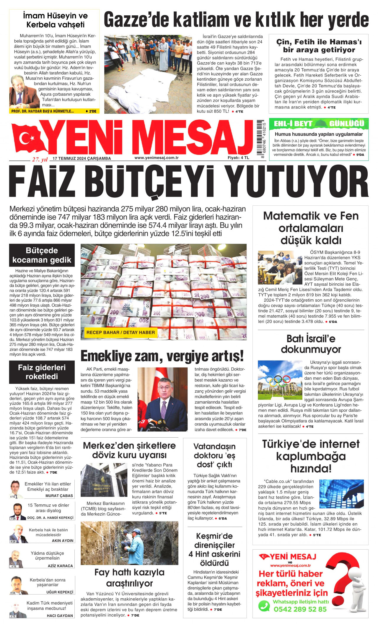 YENİ MESAJ gazetesinin 17 Temmuz 2024 tarihli birinci sayfası