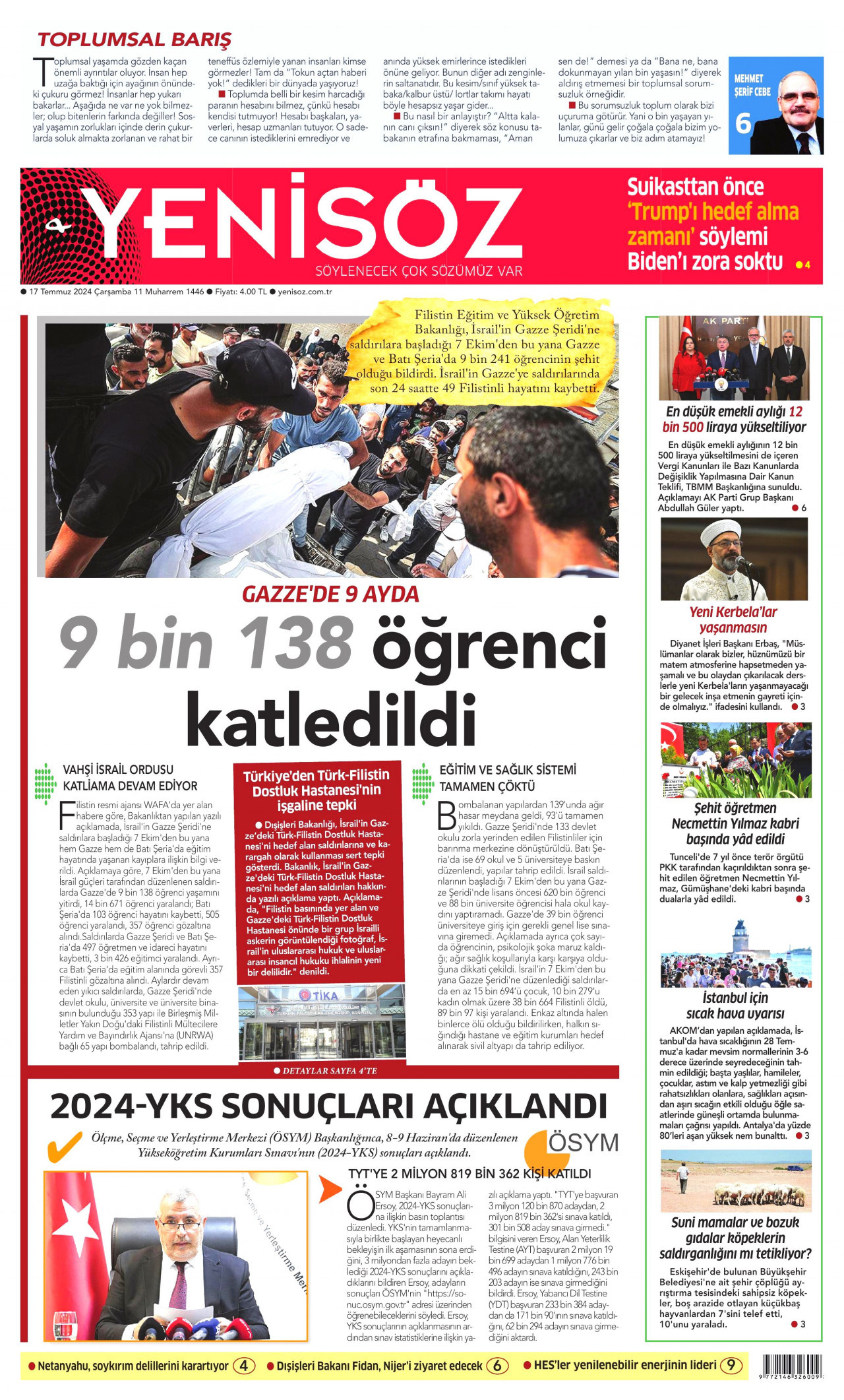 YENİ SÖZ GAZETESİ gazetesinin 17 Temmuz 2024 tarihli birinci sayfası
