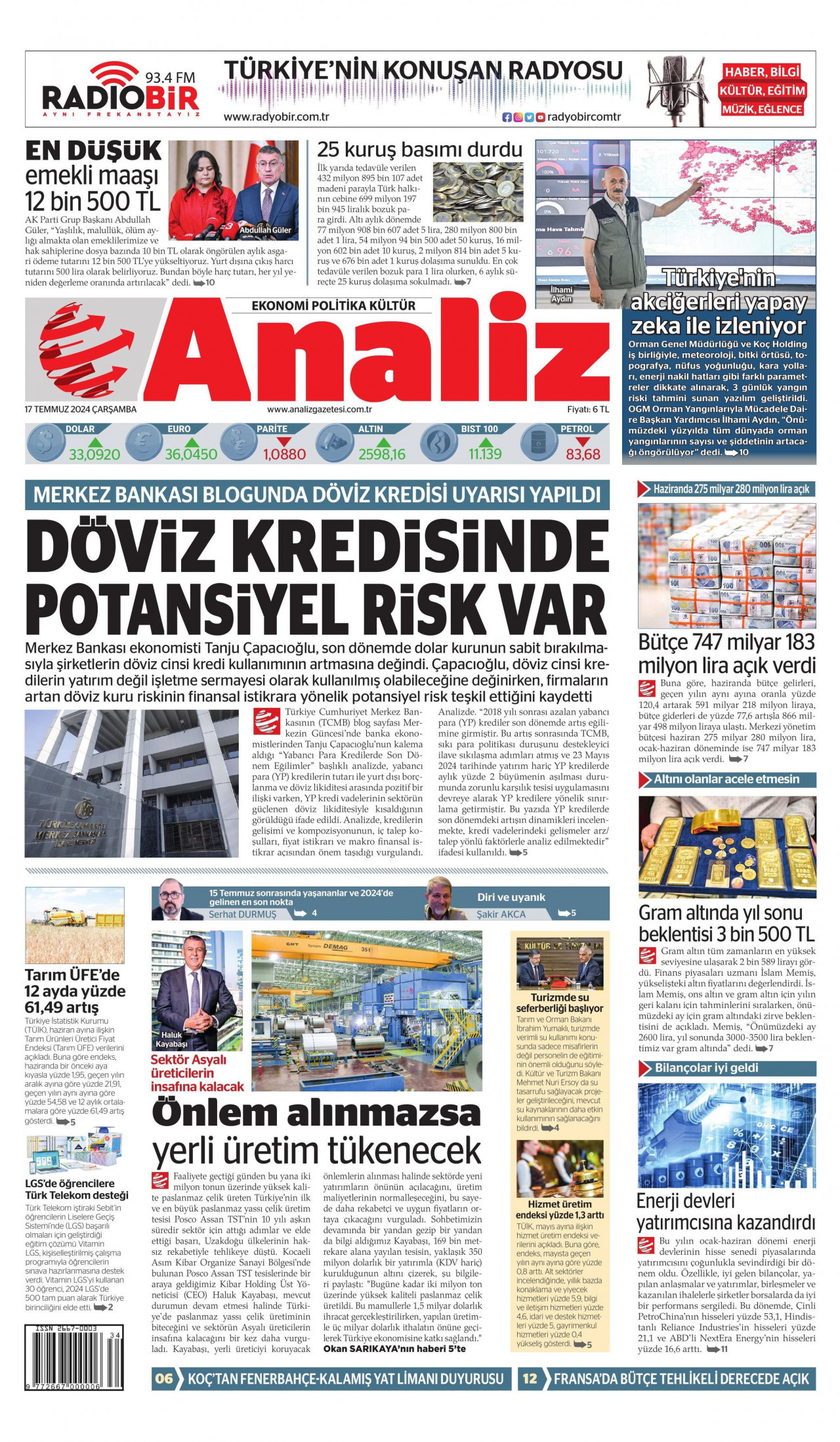 ANALİZ gazetesinin 17 Temmuz 2024 tarihli birinci sayfası