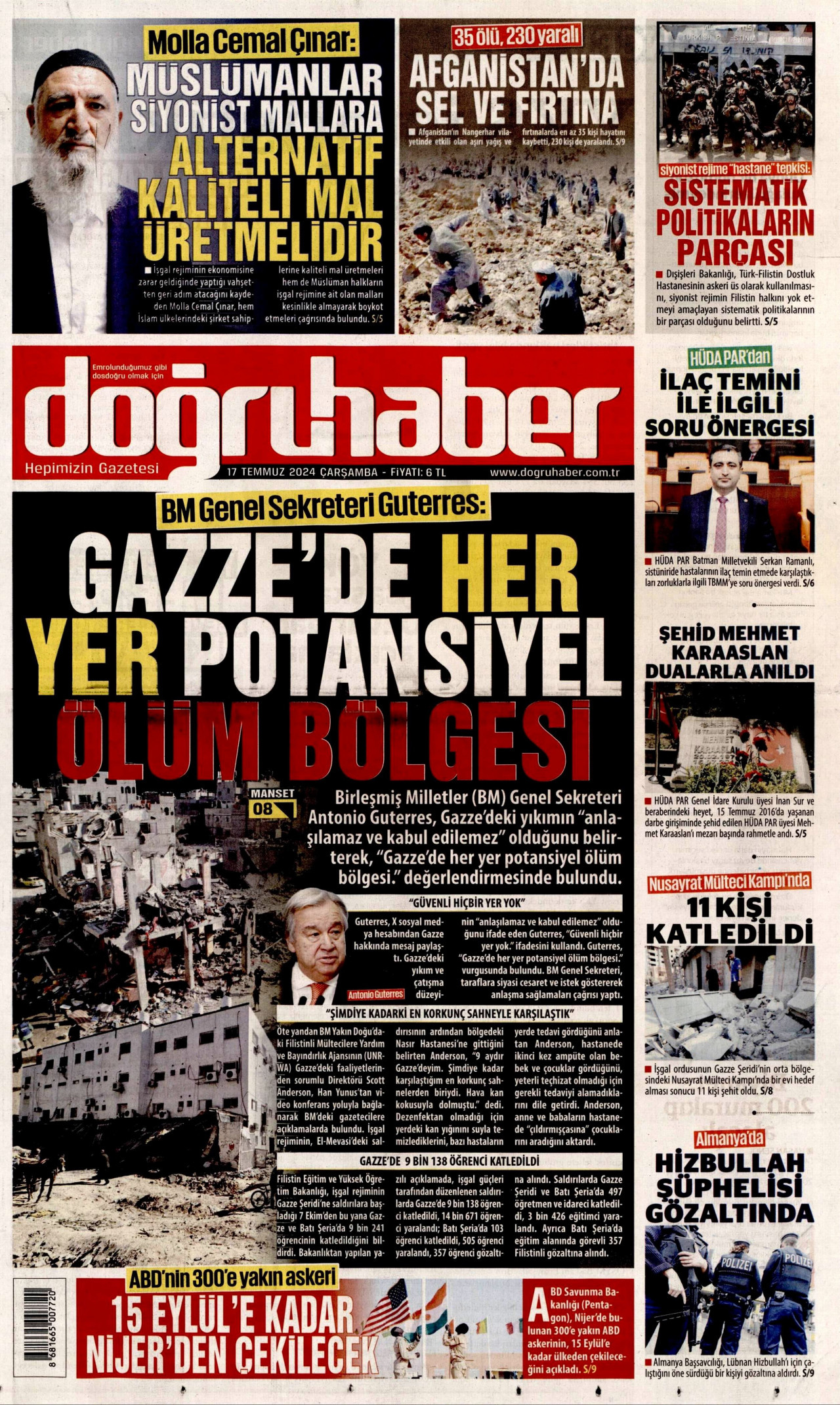 DOĞRU HABER gazetesinin 17 Temmuz 2024 tarihli birinci sayfası
