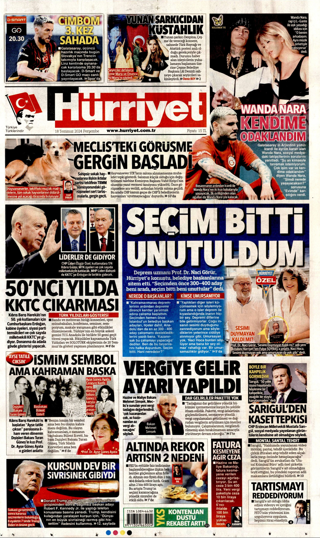 HÜRRİYET gazetesinin 18 Temmuz 2024 tarihli birinci sayfası