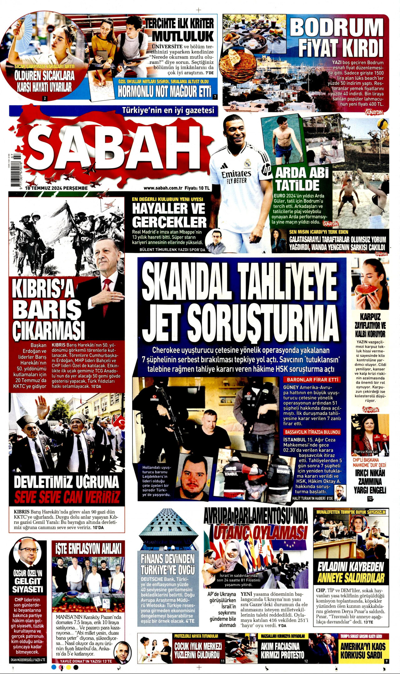SABAH gazetesinin 18 Temmuz 2024 tarihli birinci sayfası