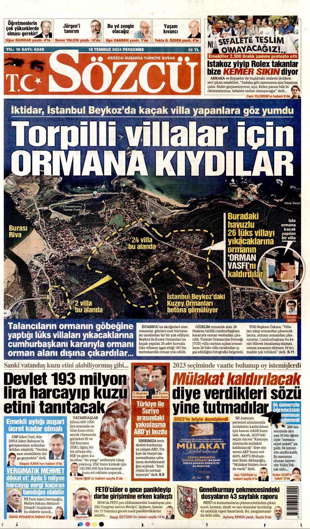 SÖZCÜ gazetesinin 18 Temmuz 2024 tarihli birinci sayfası