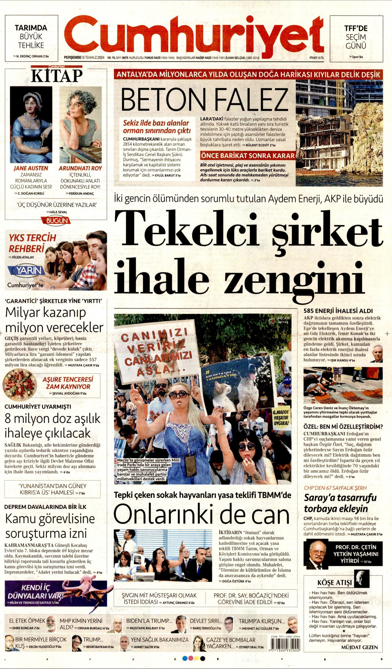 CUMHURİYET gazetesinin 18 Temmuz 2024 tarihli birinci sayfası