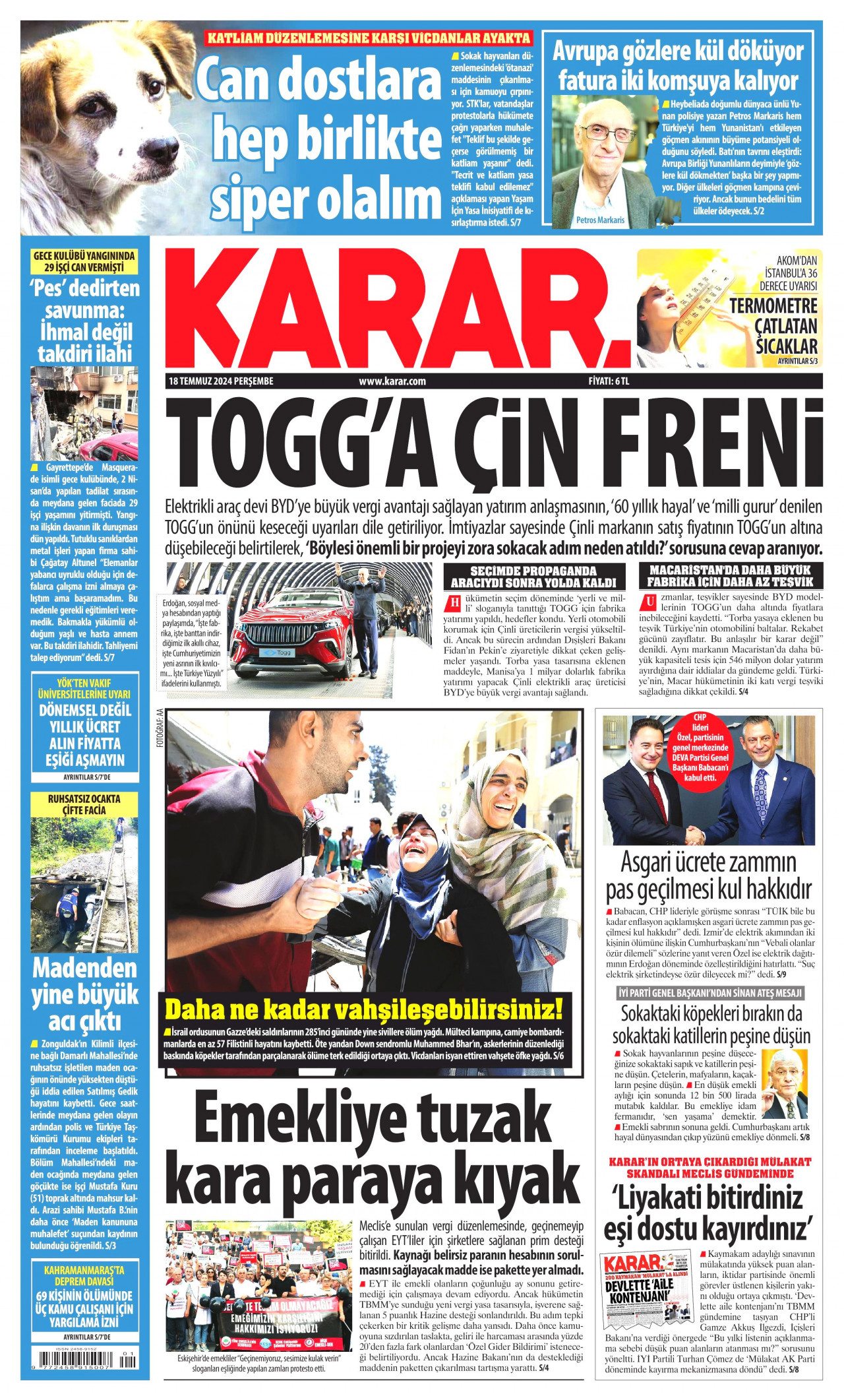KARAR gazetesinin 18 Temmuz 2024 tarihli birinci sayfası