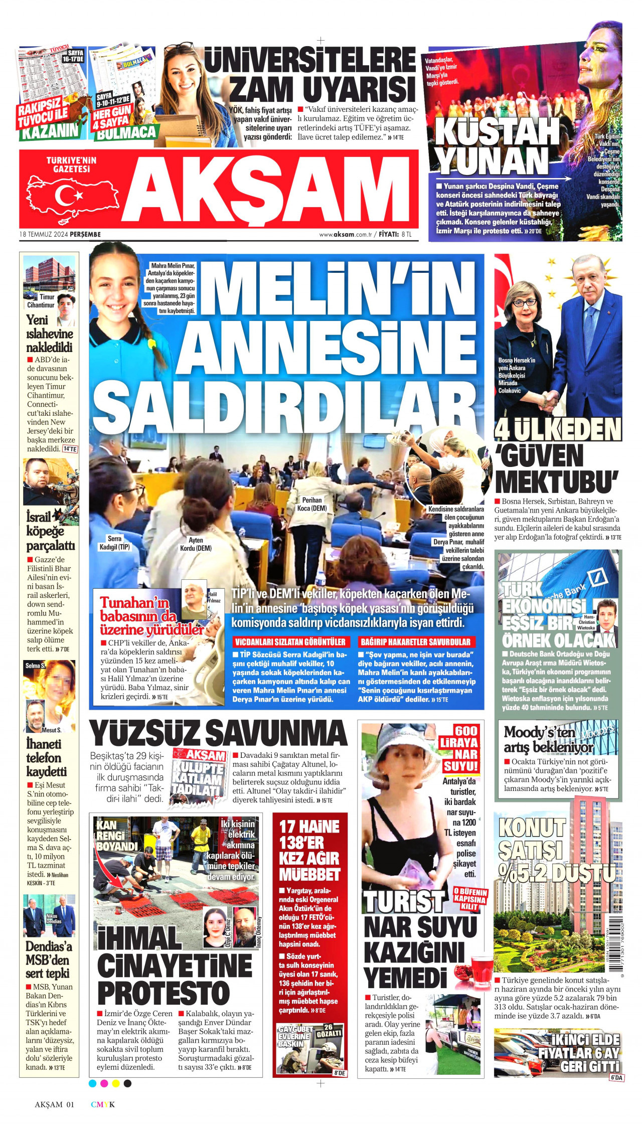 AKŞAM gazetesinin 18 Temmuz 2024 tarihli birinci sayfası