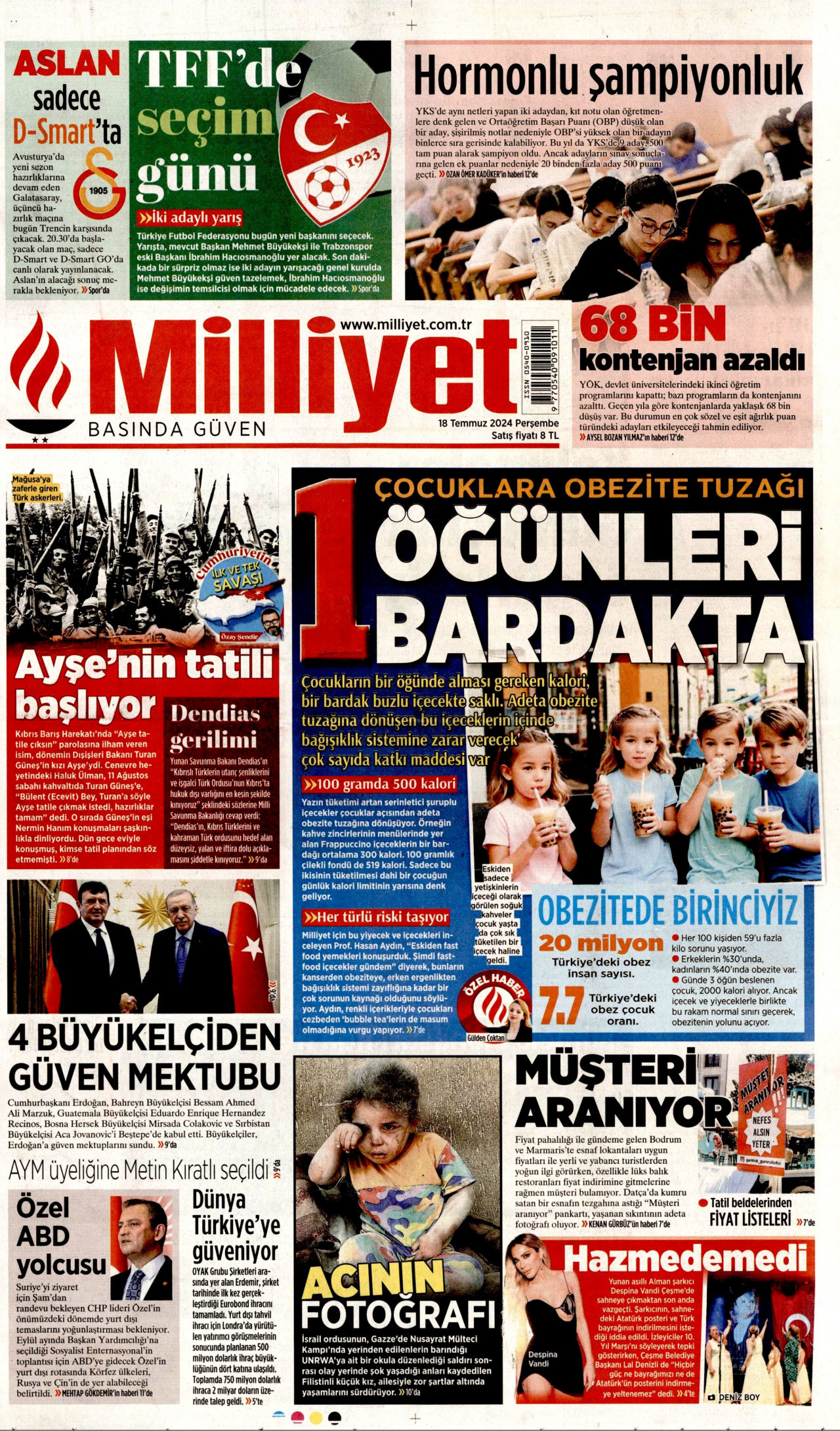 MİLLİYET gazetesinin 18 Temmuz 2024 tarihli birinci sayfası