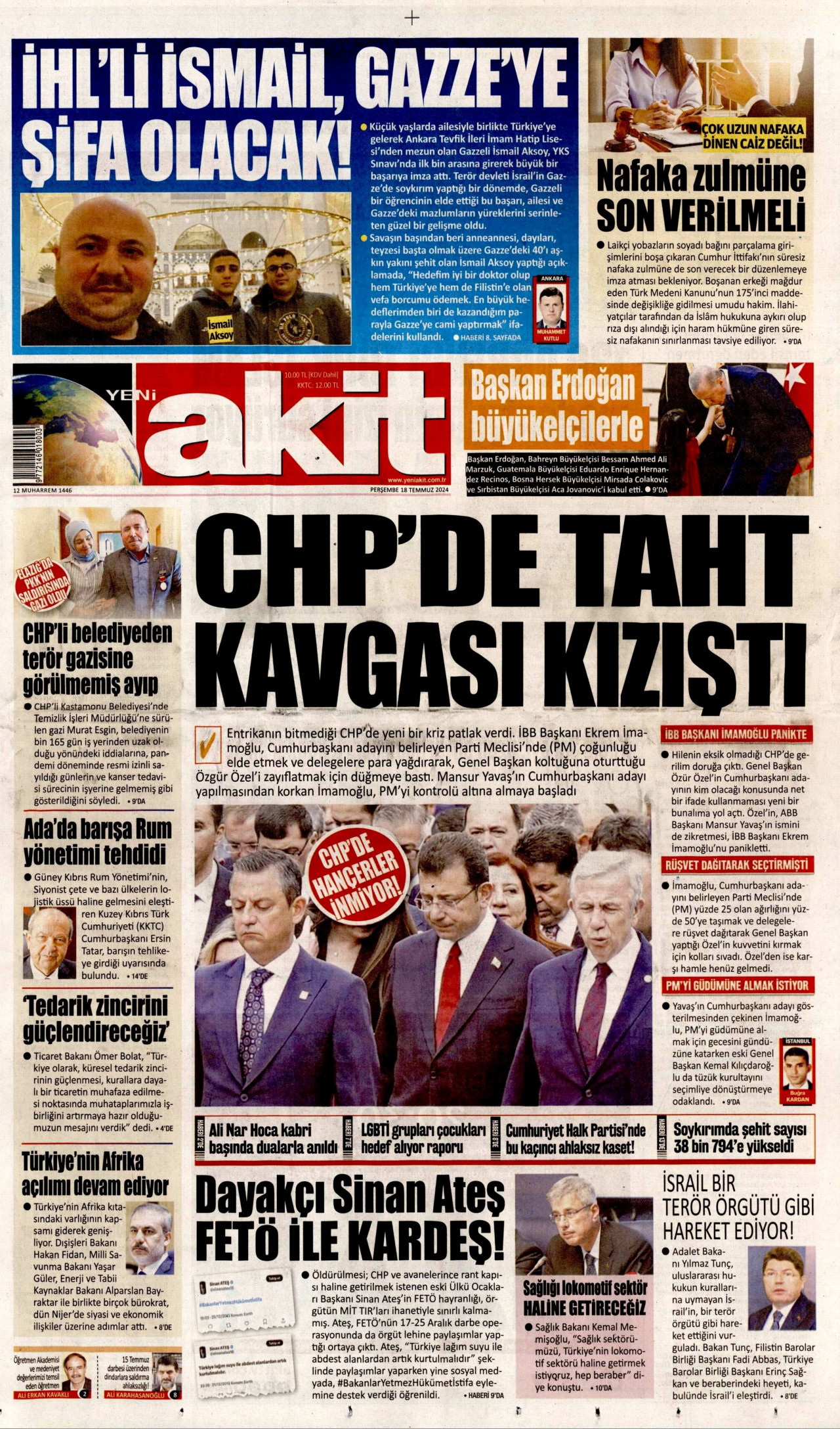 YENİ AKİT gazetesinin 18 Temmuz 2024 tarihli birinci sayfası