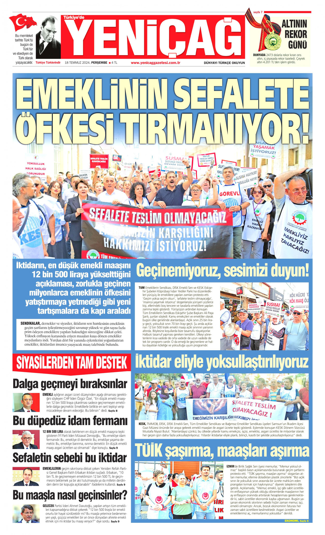 YENİÇAĞ gazetesinin 18 Temmuz 2024 tarihli birinci sayfası