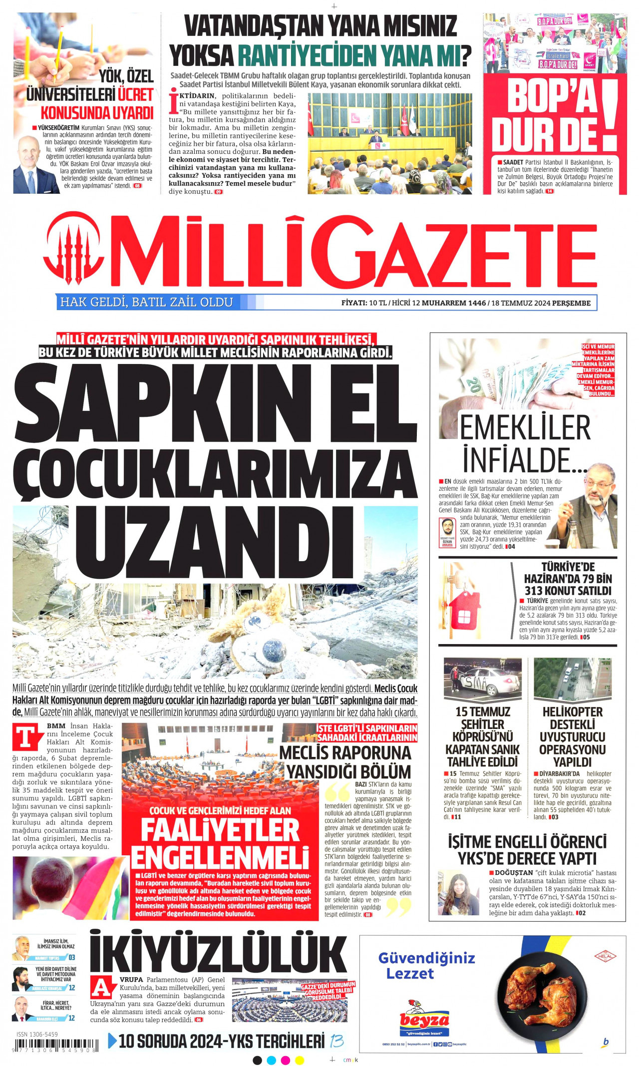 MİLLİ GAZETE gazetesinin 18 Temmuz 2024 tarihli birinci sayfası