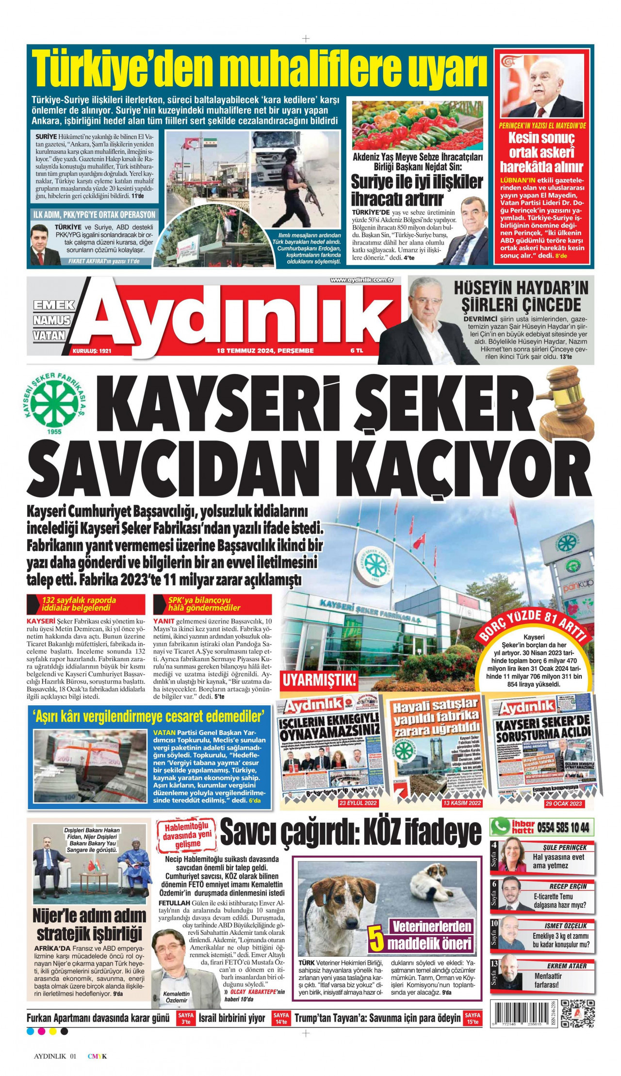 AYDINLIK GAZETESİ gazetesinin 18 Temmuz 2024 tarihli birinci sayfası