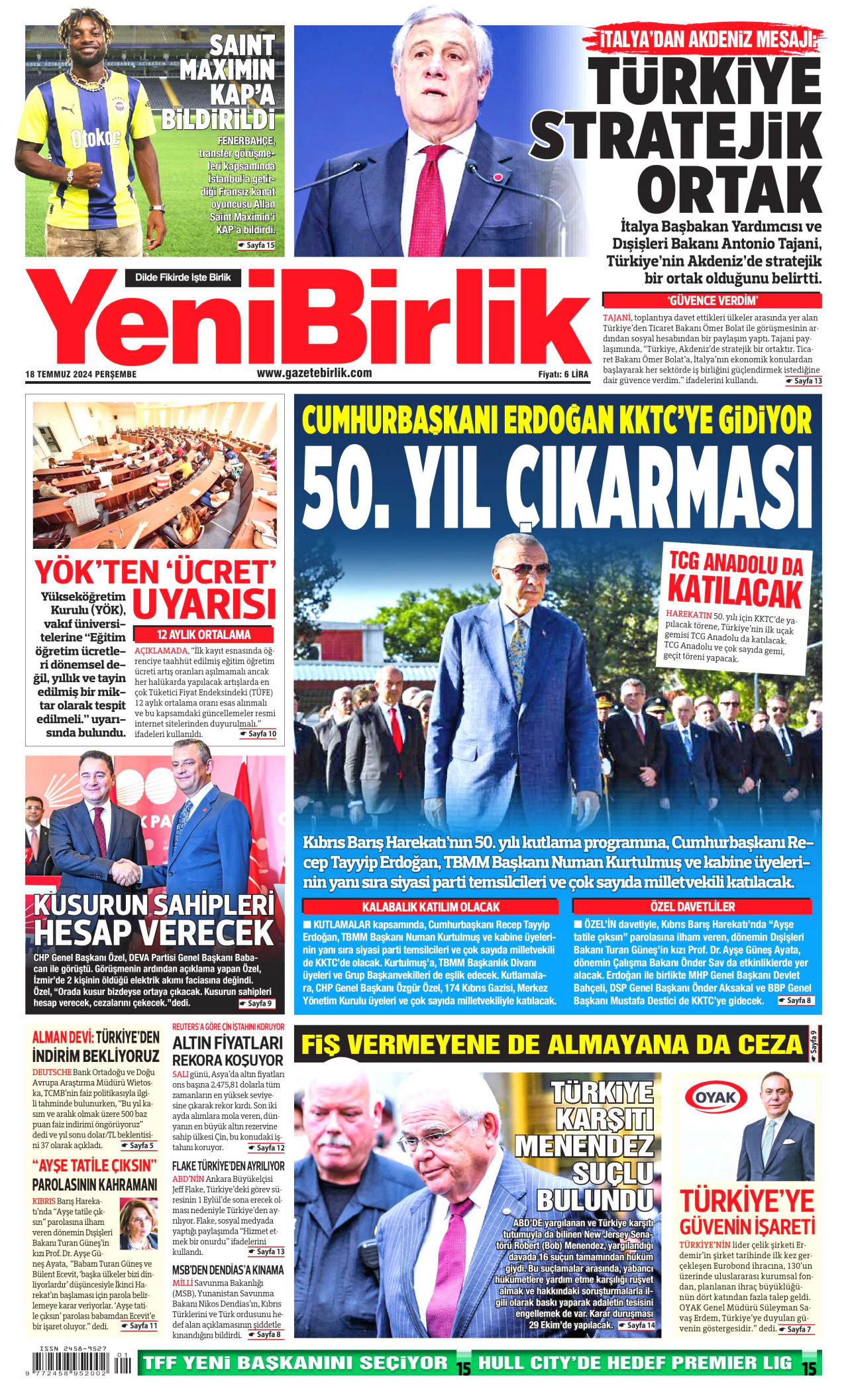 YENİBİRLİK gazetesinin 18 Temmuz 2024 tarihli birinci sayfası