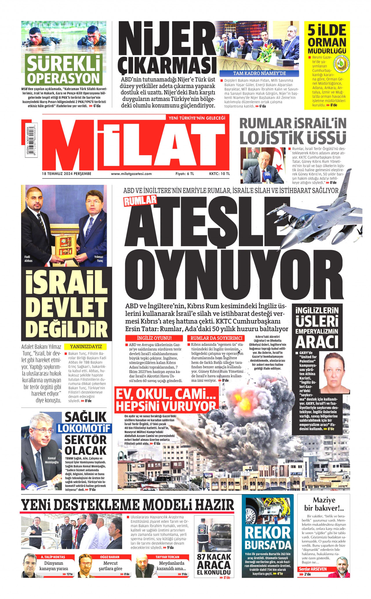 MİLAT gazetesinin 18 Temmuz 2024 tarihli birinci sayfası