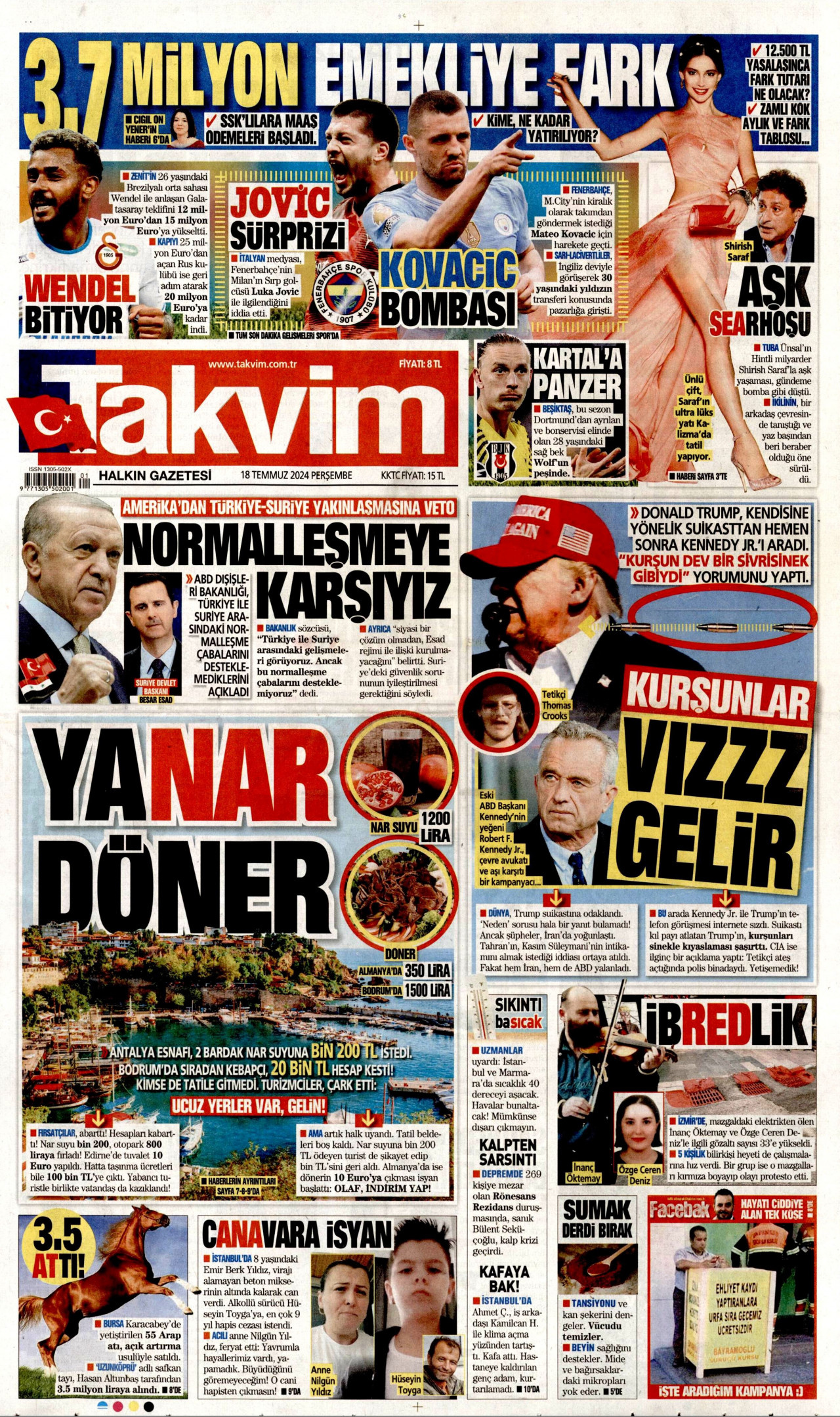 TAKVİM gazetesinin 18 Temmuz 2024 tarihli birinci sayfası