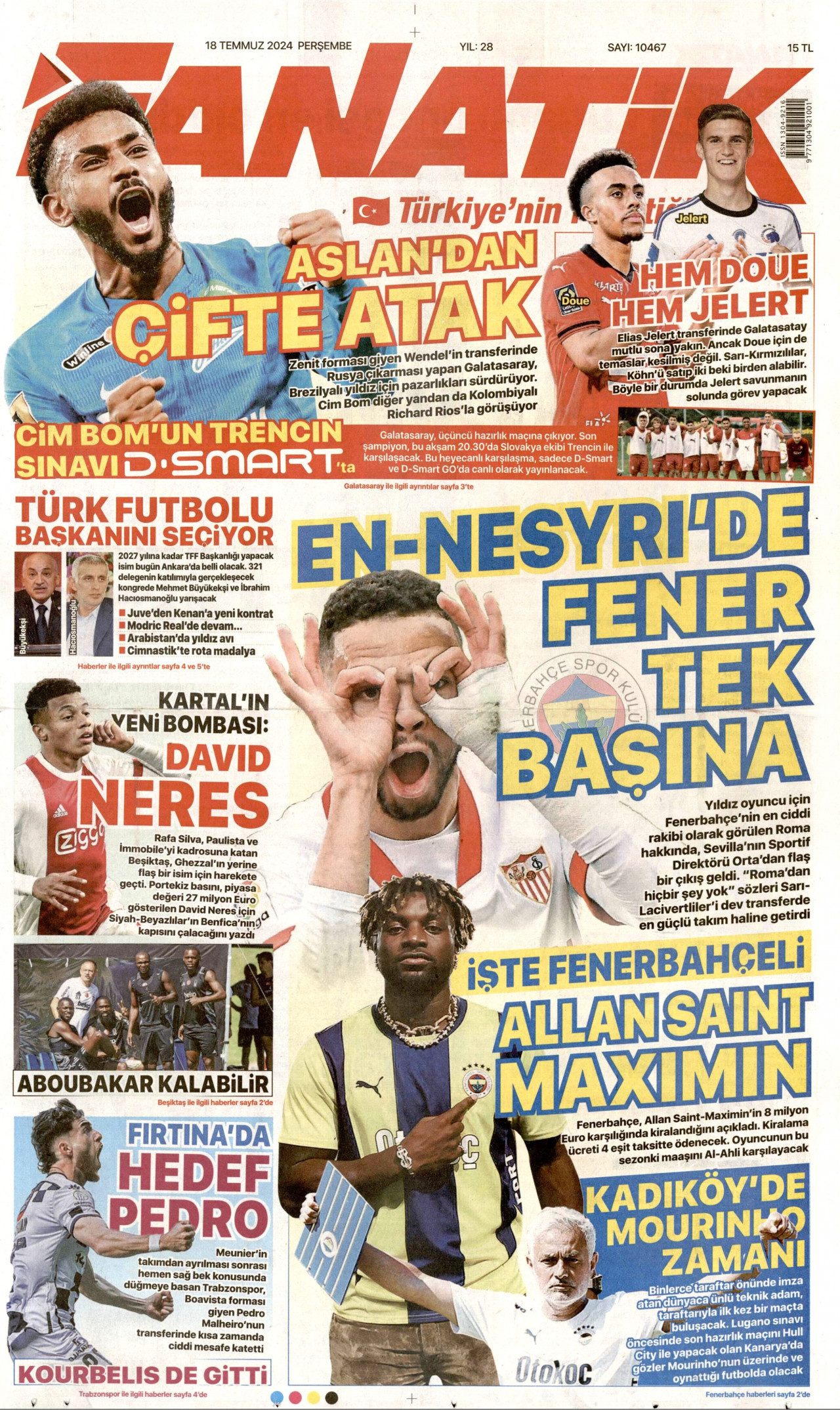 FANATİK gazetesinin 18 Temmuz 2024 tarihli birinci sayfası