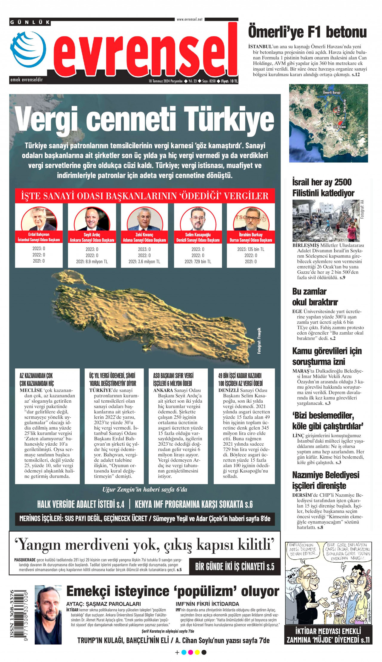 EVRENSEL gazetesinin 18 Temmuz 2024 tarihli birinci sayfası