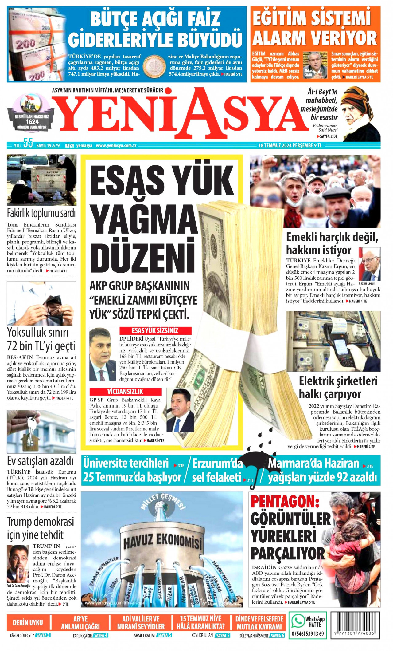 YENİ ASYA gazetesinin 18 Temmuz 2024 tarihli birinci sayfası