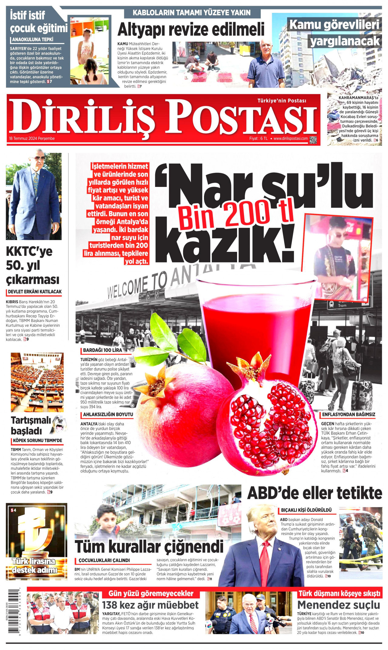 DİRİLİŞ POSTASI gazetesinin 18 Temmuz 2024 tarihli birinci sayfası