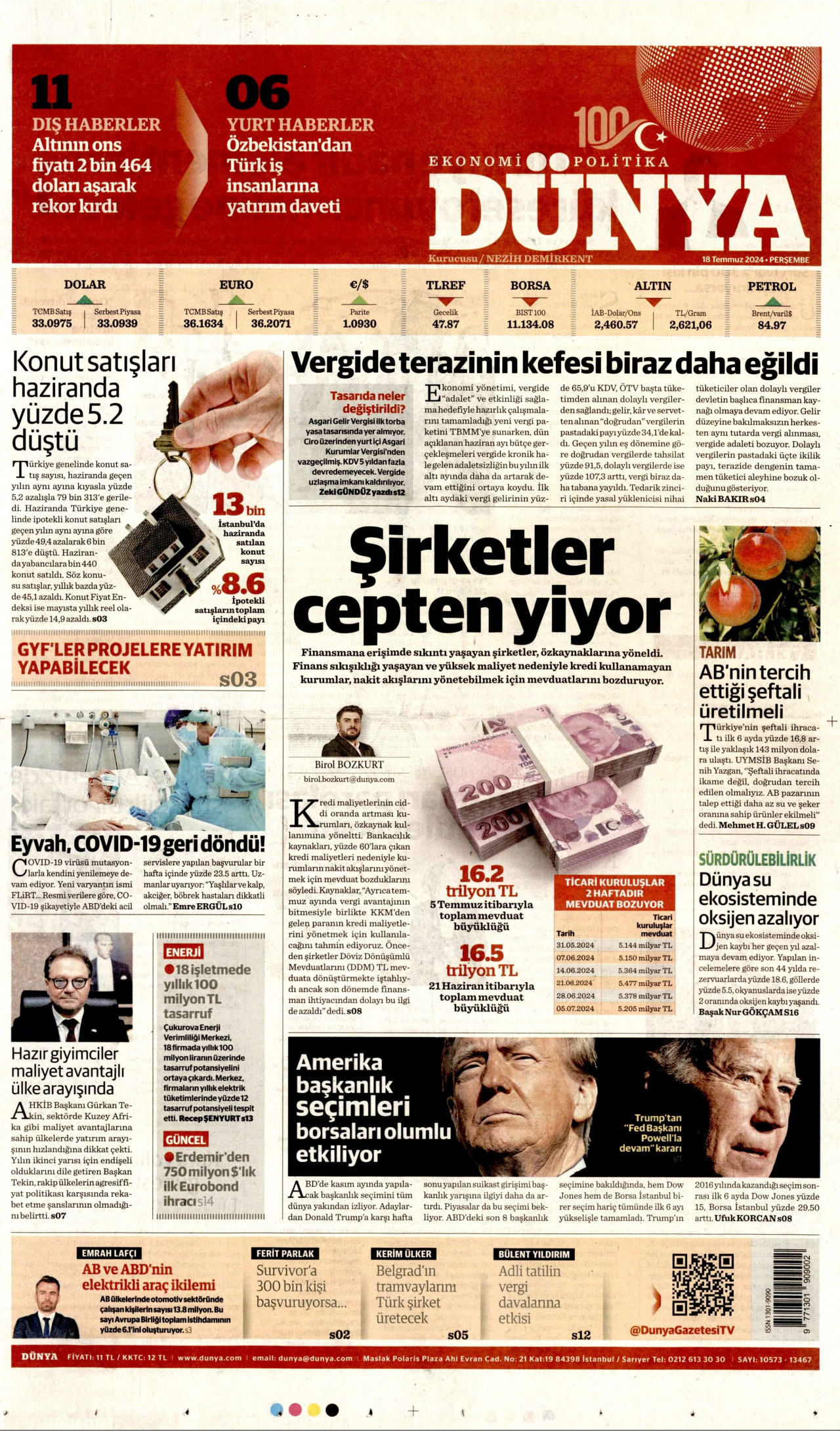 DÜNYA gazetesinin 18 Temmuz 2024 tarihli birinci sayfası