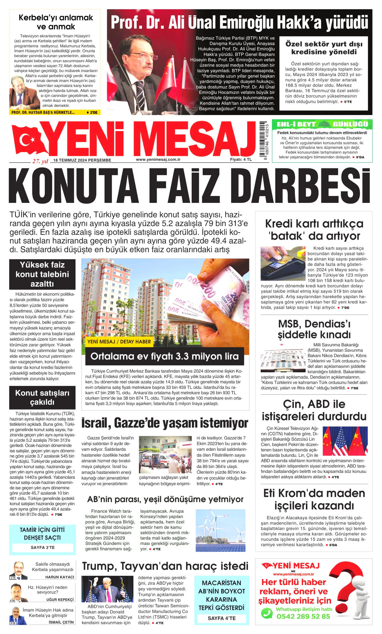 YENİ MESAJ gazetesinin 18 Temmuz 2024 tarihli birinci sayfası