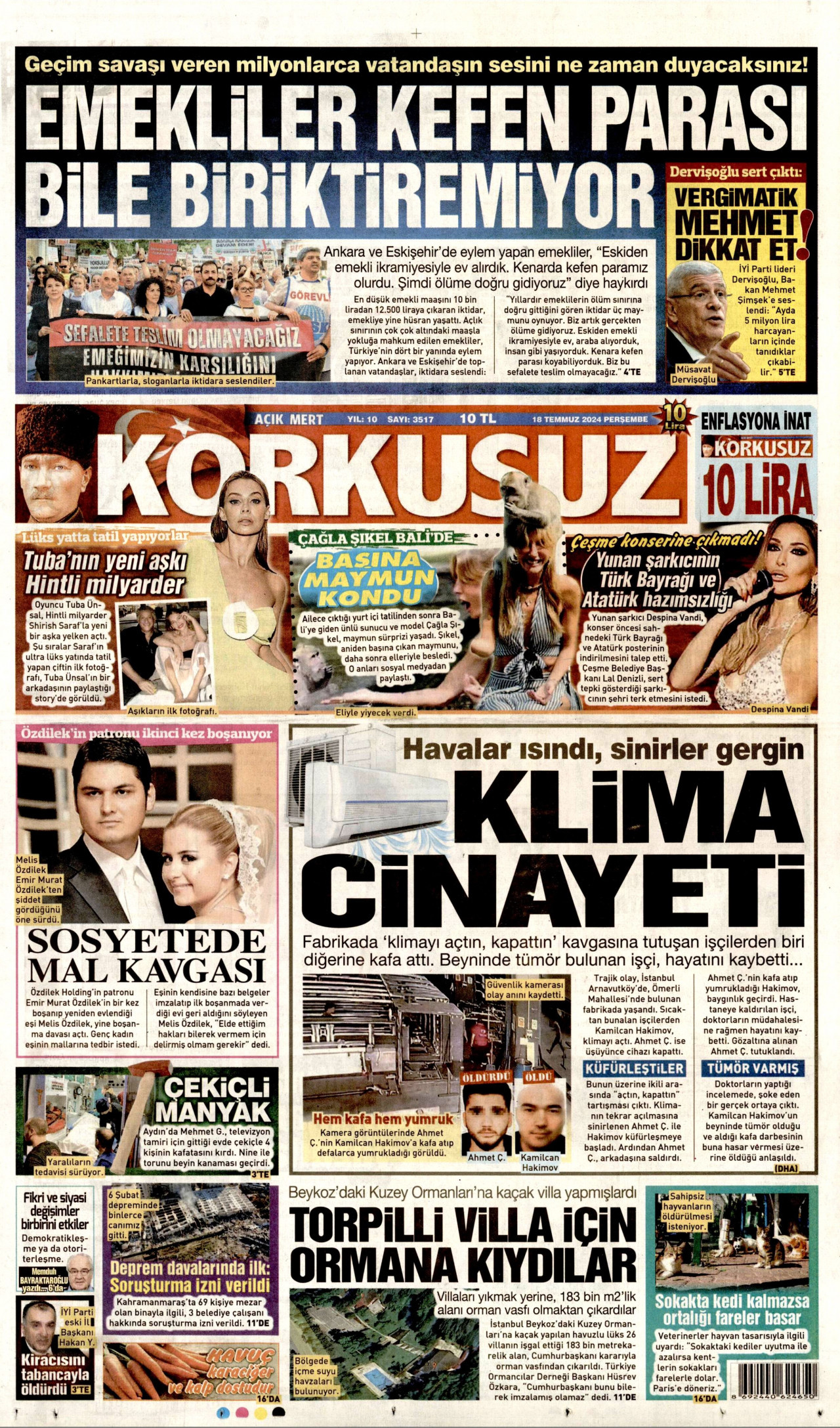 KORKUSUZ gazetesinin 18 Temmuz 2024 tarihli birinci sayfası