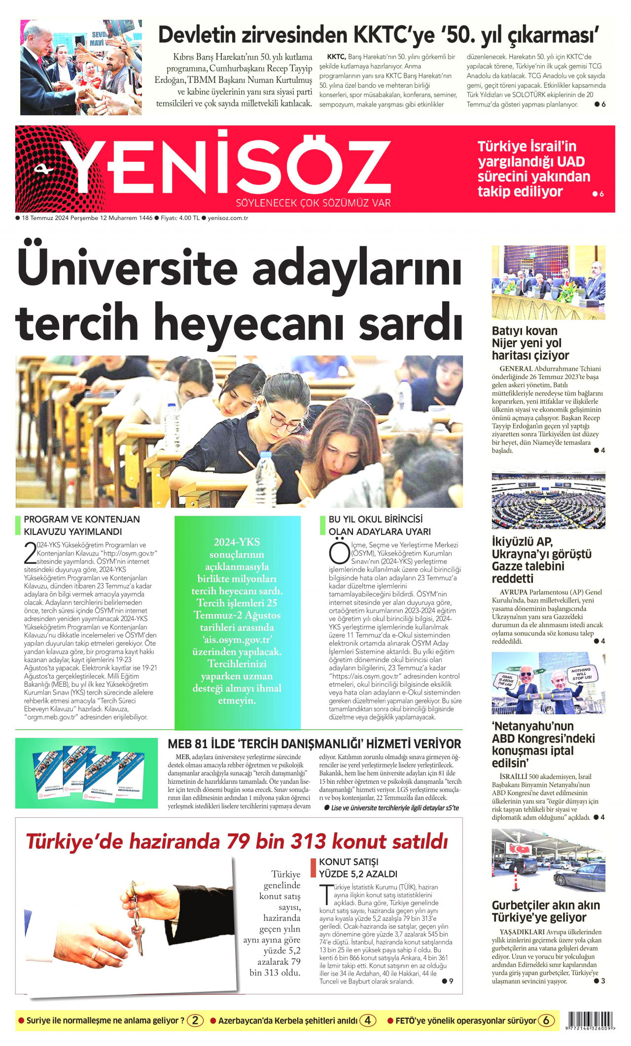 YENİ SÖZ GAZETESİ gazetesinin 18 Temmuz 2024 tarihli birinci sayfası