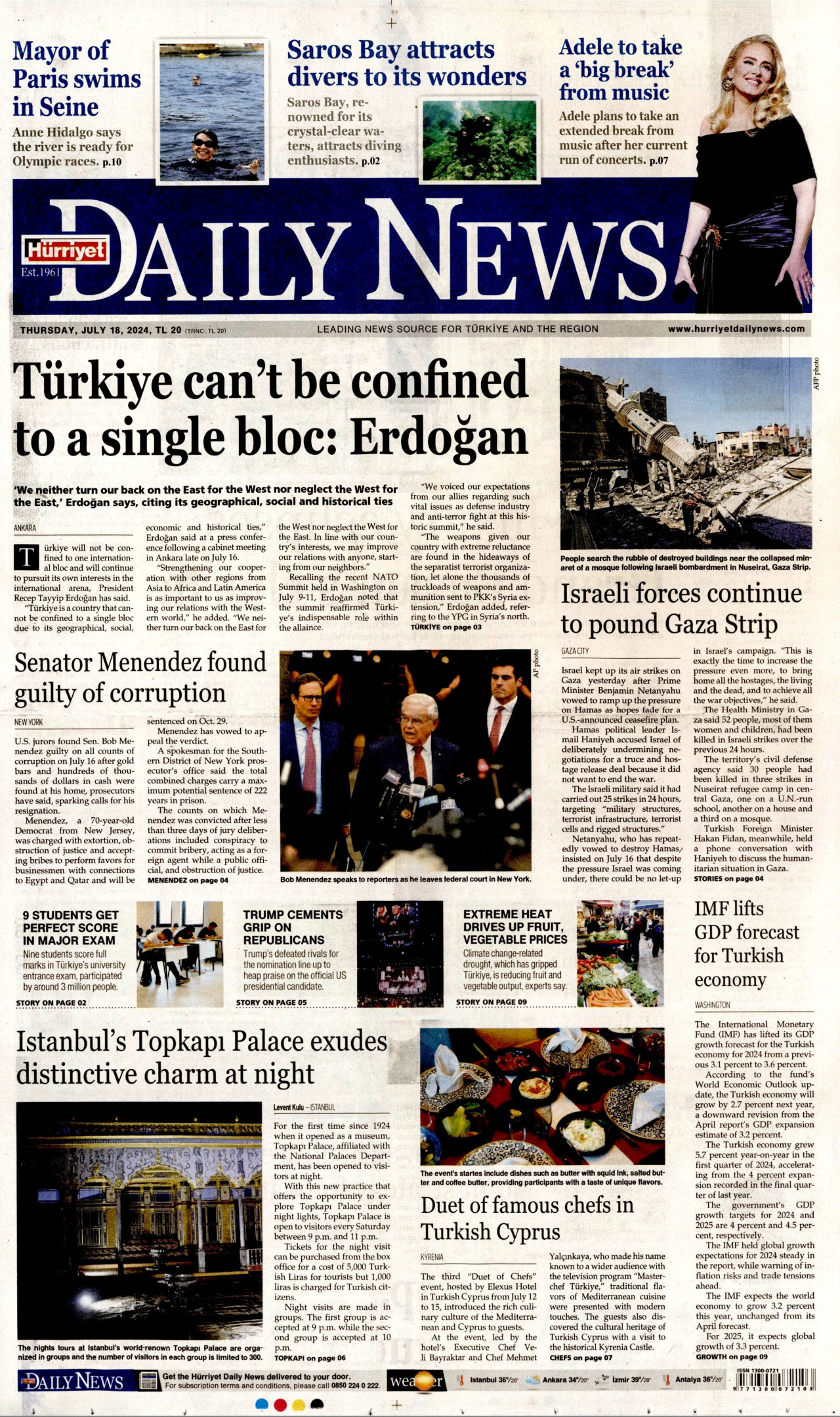 HÜRRİYET DAİLY NEWS gazetesinin 18 Temmuz 2024 tarihli birinci sayfası