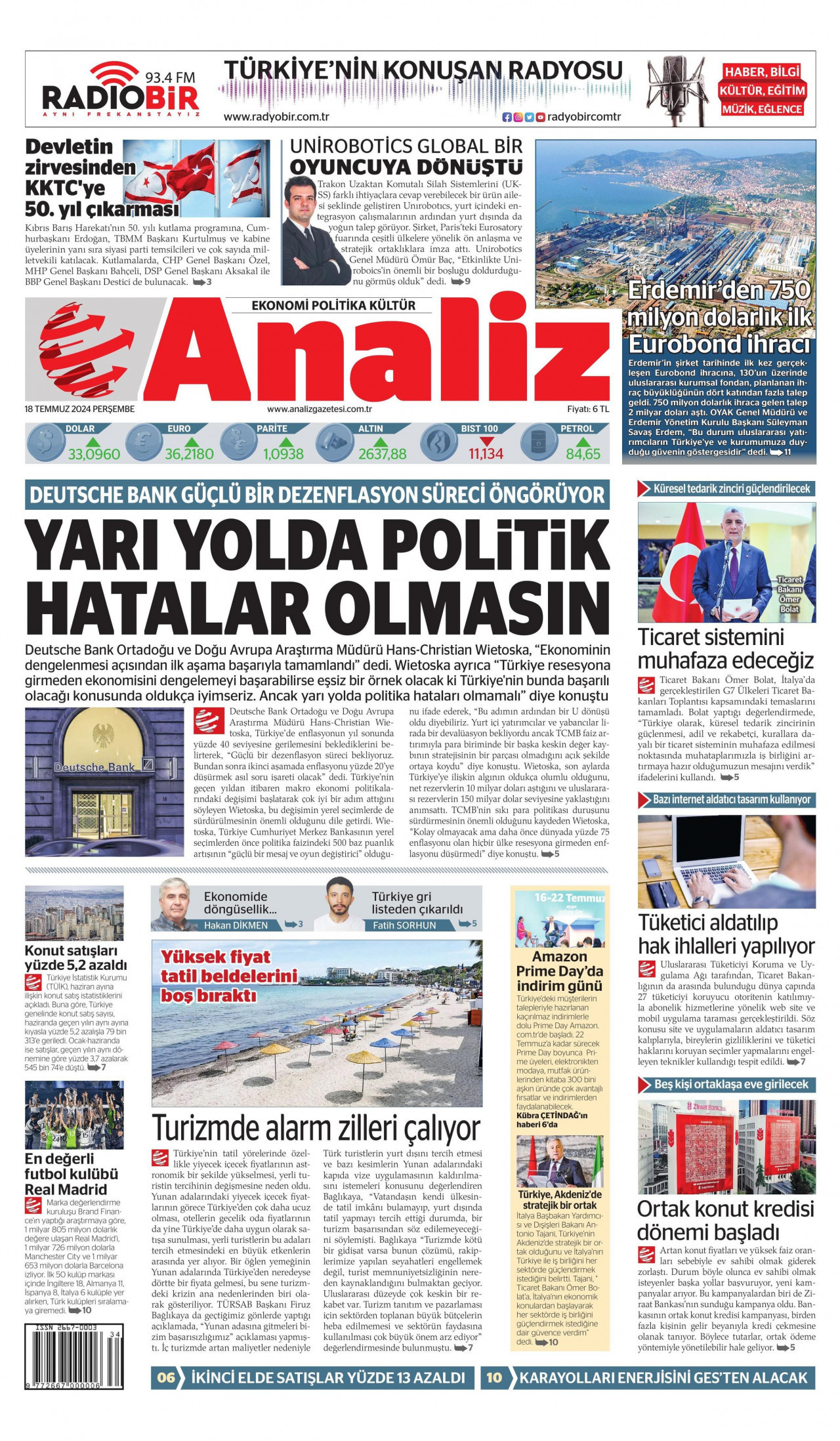 ANALİZ gazetesinin 18 Temmuz 2024 tarihli birinci sayfası