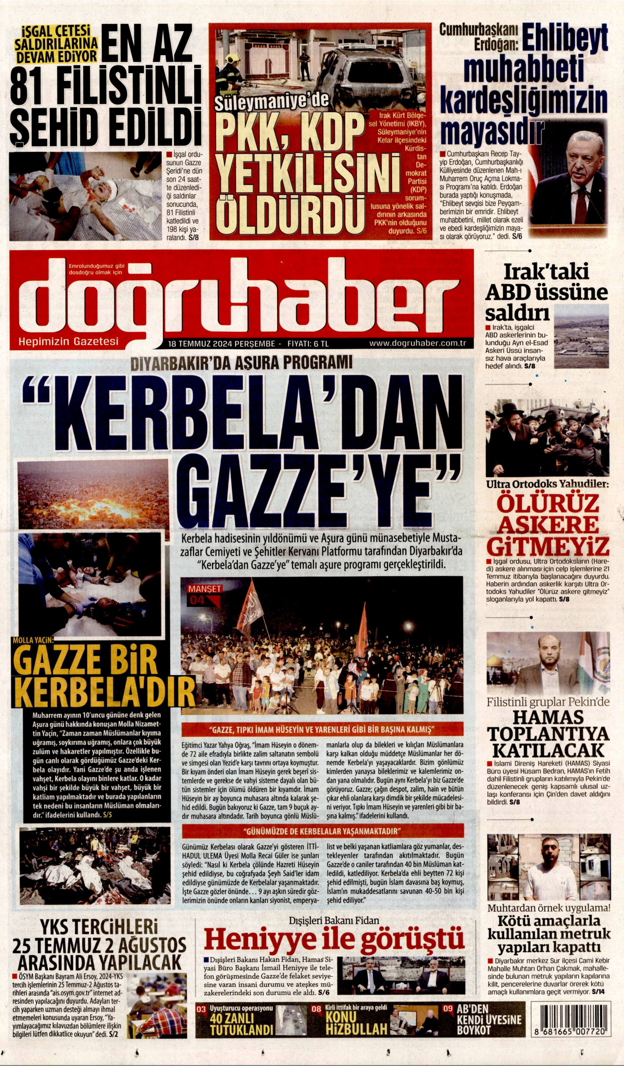 DOĞRU HABER gazetesinin 18 Temmuz 2024 tarihli birinci sayfası