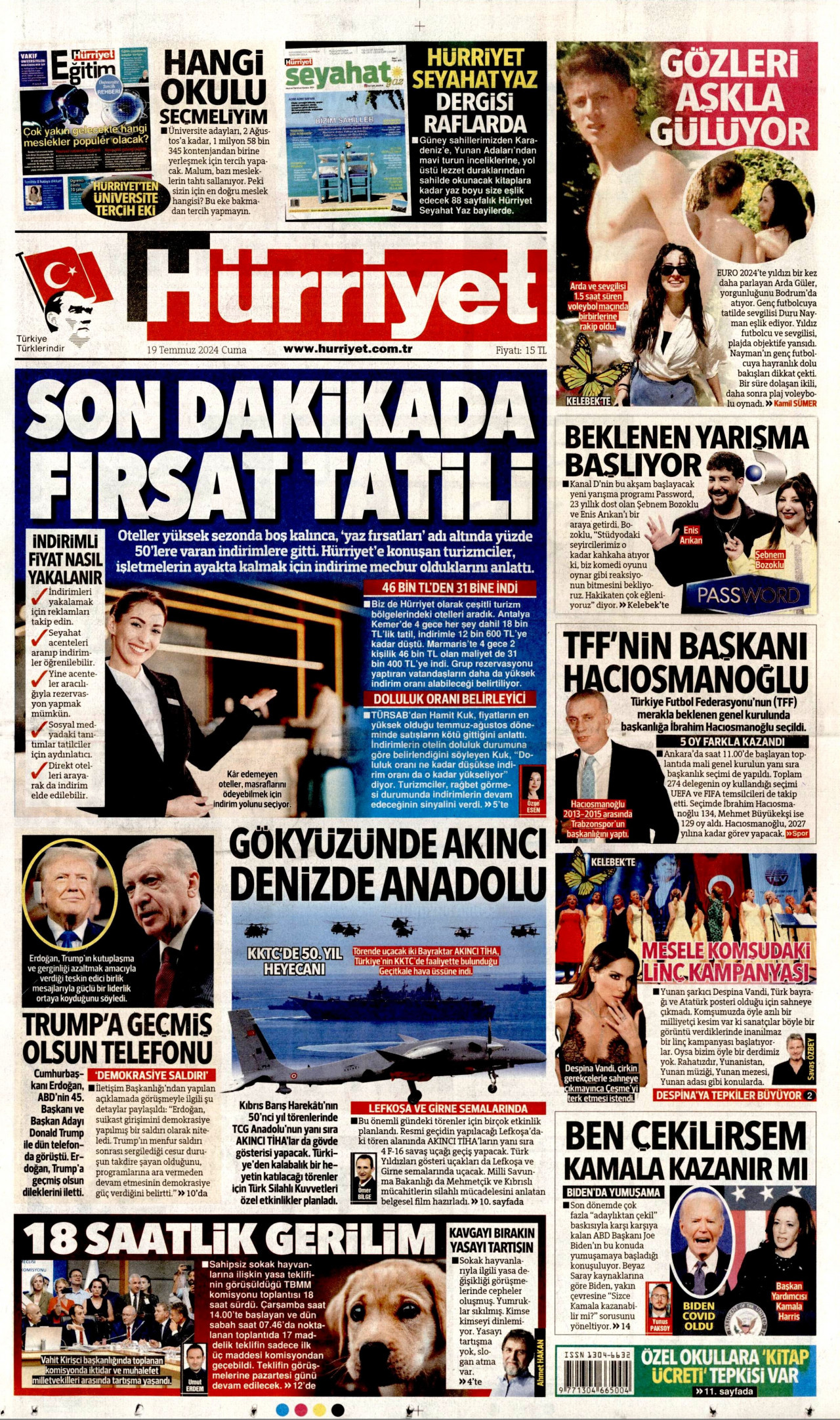 HÜRRİYET gazetesinin 19 Temmuz 2024 tarihli birinci sayfası