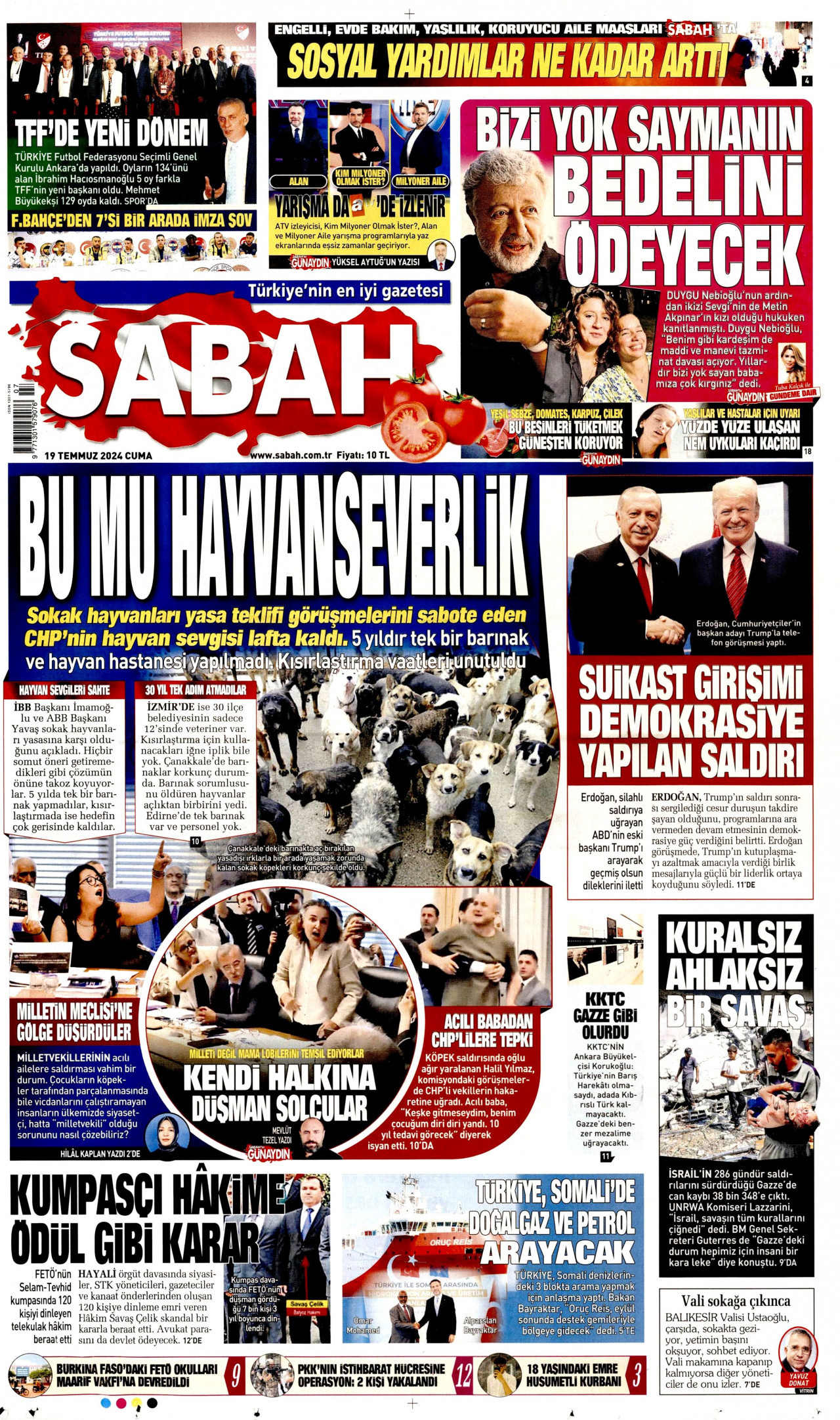 SABAH gazetesinin 19 Temmuz 2024 tarihli birinci sayfası