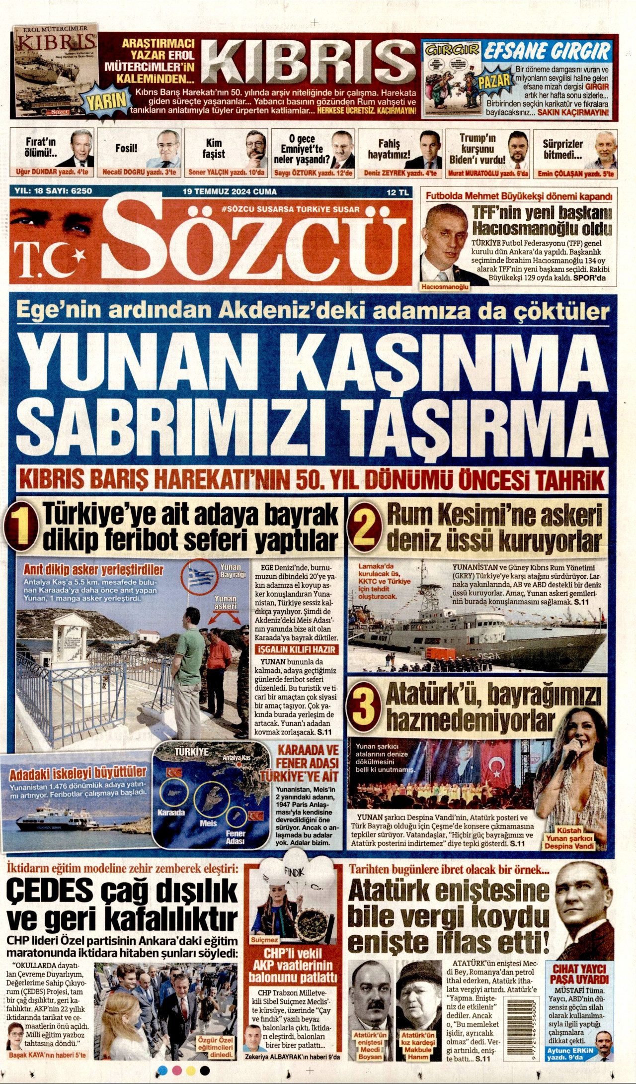 SÖZCÜ gazetesinin 19 Temmuz 2024 tarihli birinci sayfası