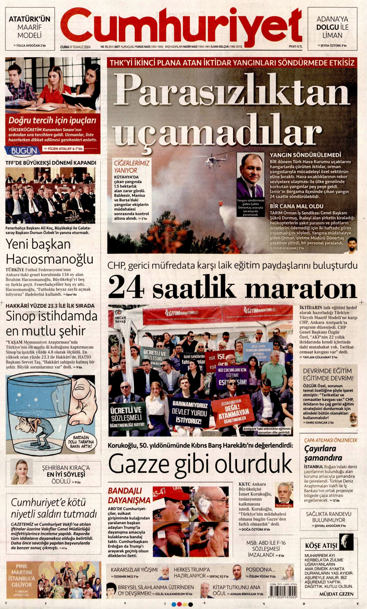 CUMHURİYET gazetesinin 19 Temmuz 2024 tarihli birinci sayfası