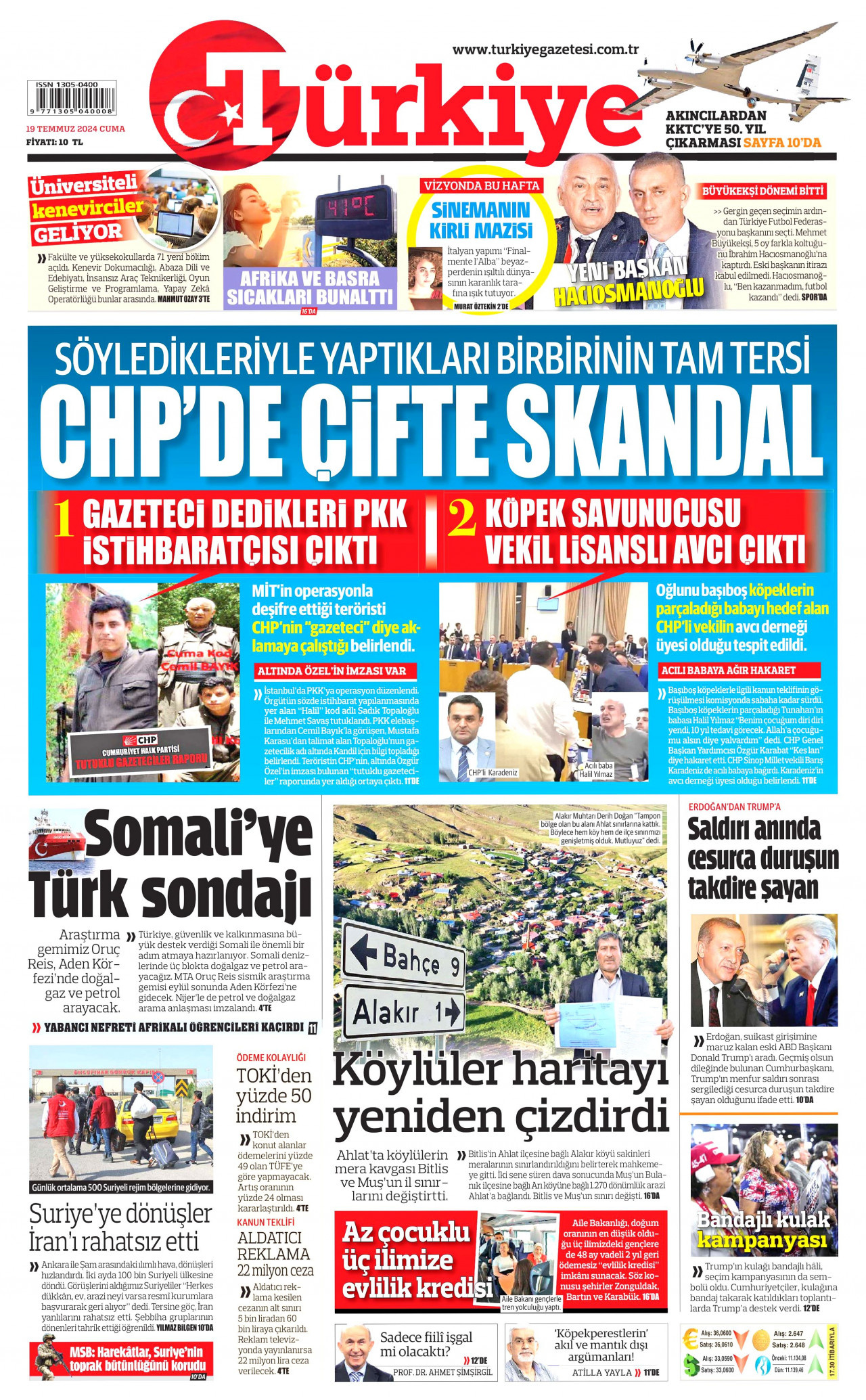 TÜRKİYE GAZETESİ gazetesinin 19 Temmuz 2024 tarihli birinci sayfası
