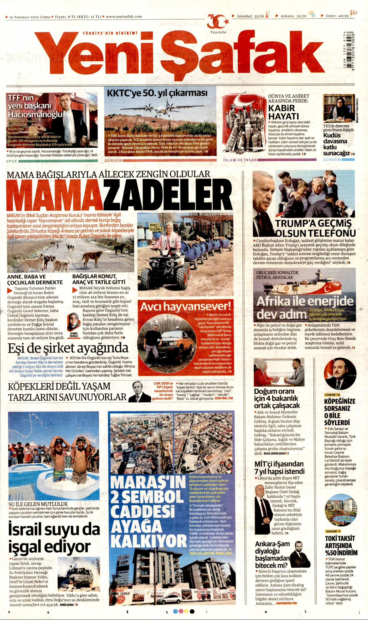 YENİ ŞAFAK gazetesinin 19 Temmuz 2024 tarihli birinci sayfası
