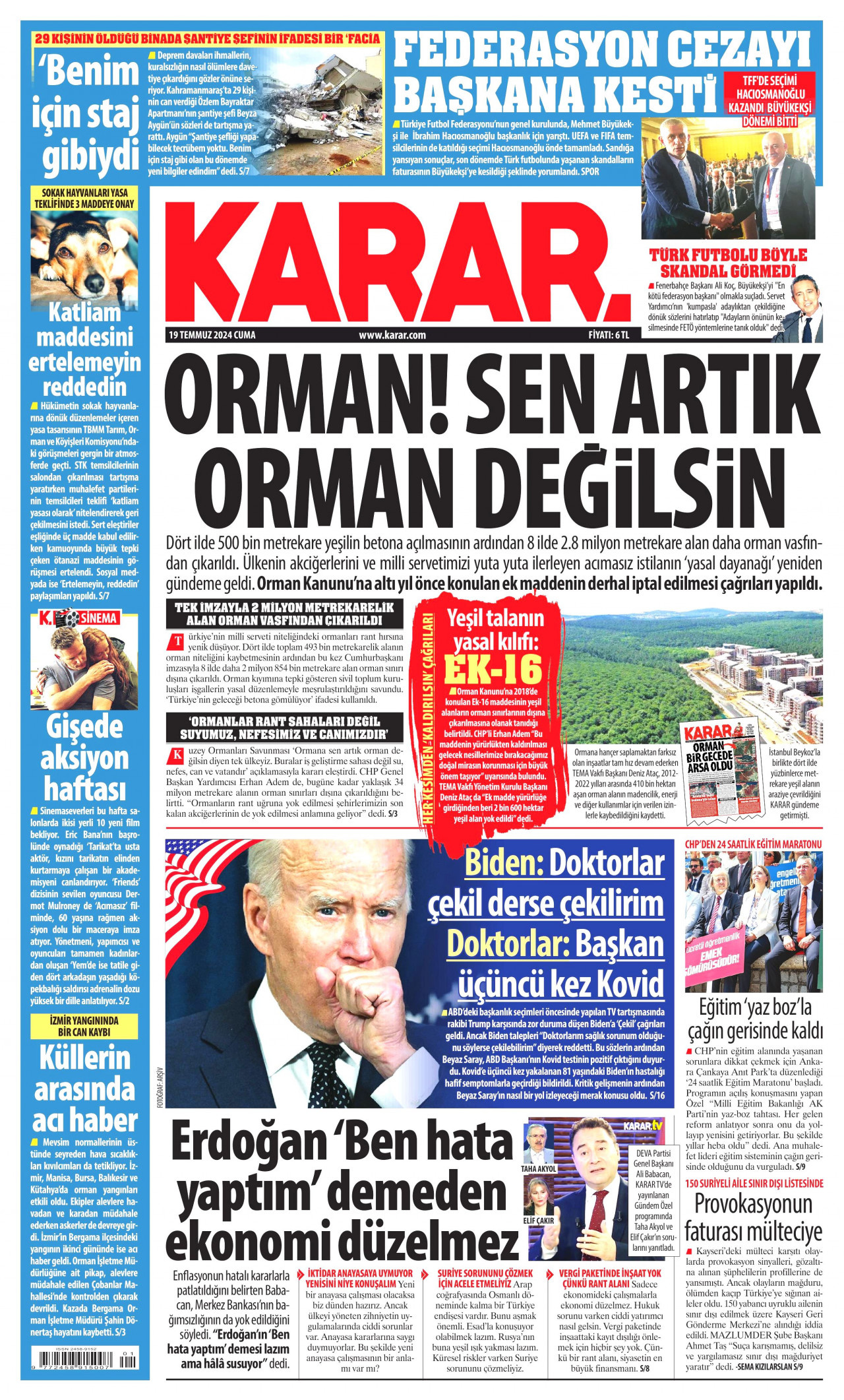 KARAR gazetesinin 19 Temmuz 2024 tarihli birinci sayfası