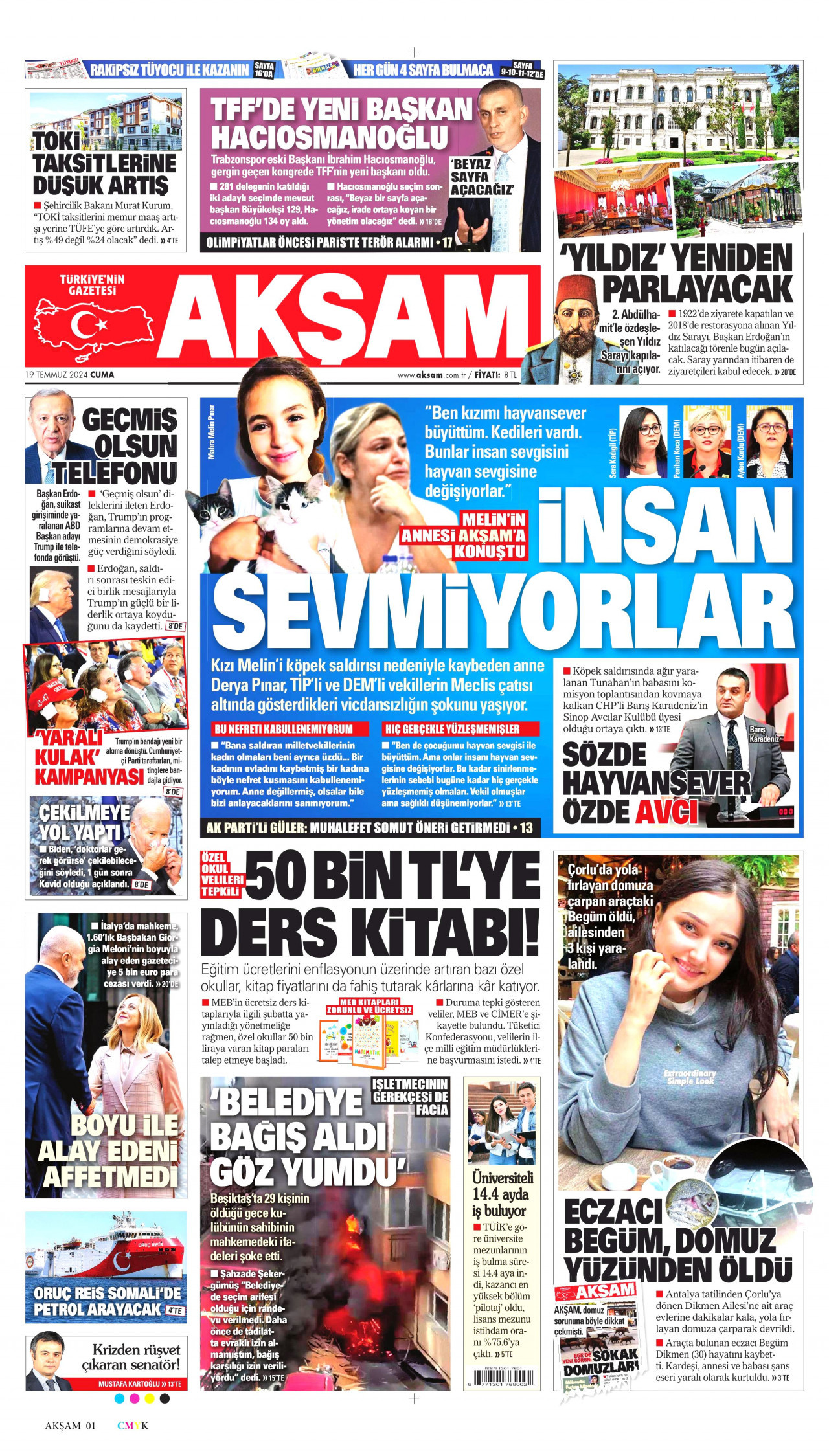 AKŞAM gazetesinin 19 Temmuz 2024 tarihli birinci sayfası