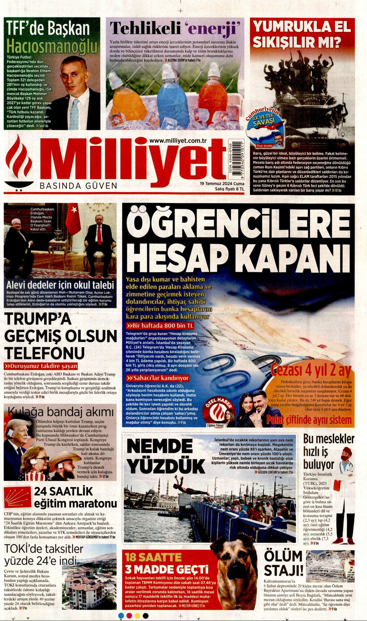MİLLİYET gazetesinin 19 Temmuz 2024 tarihli birinci sayfası