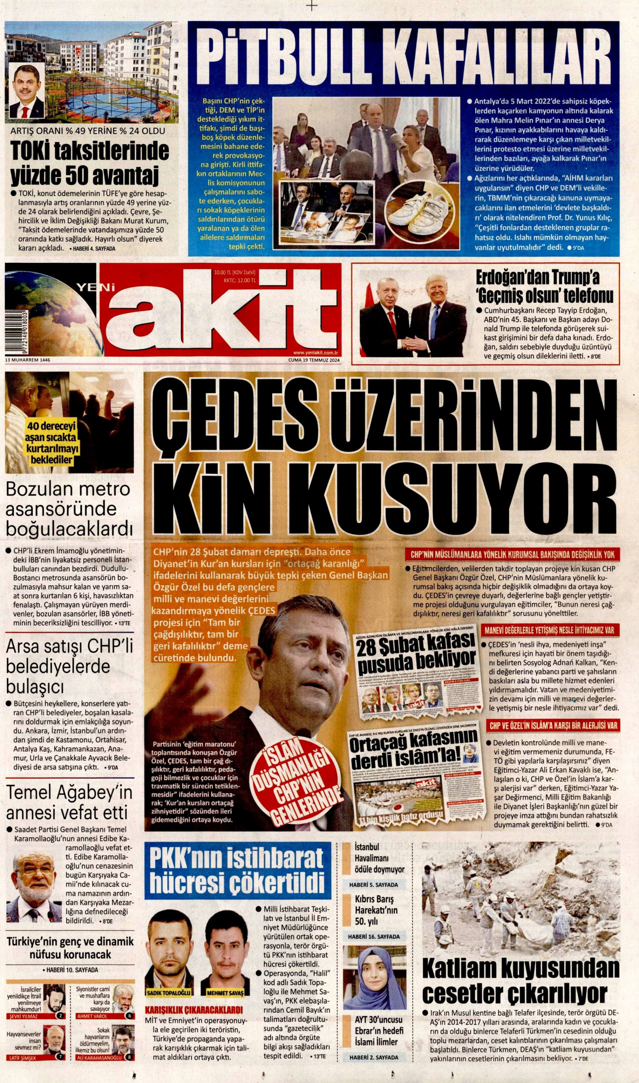 YENİ AKİT gazetesinin 19 Temmuz 2024 tarihli birinci sayfası