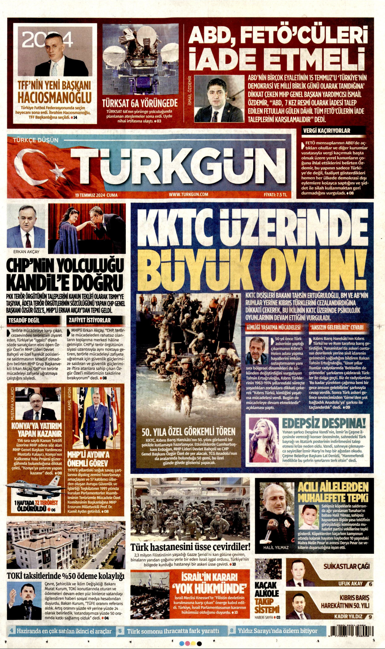 TÜRKGÜN gazetesinin 19 Temmuz 2024 tarihli birinci sayfası