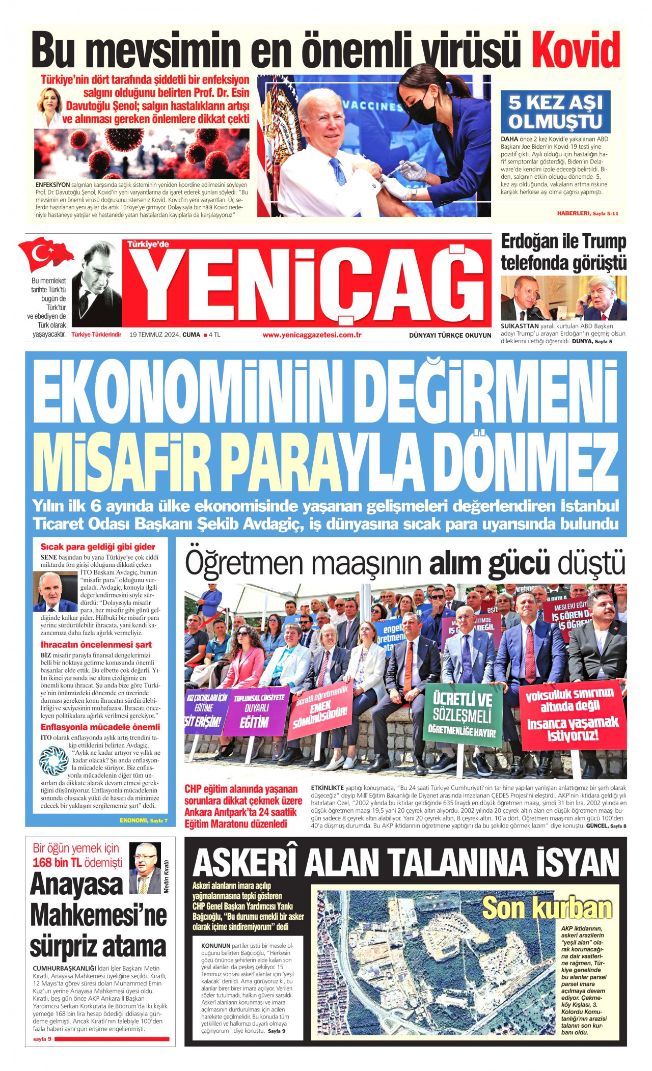 YENİÇAĞ gazetesinin 19 Temmuz 2024 tarihli birinci sayfası