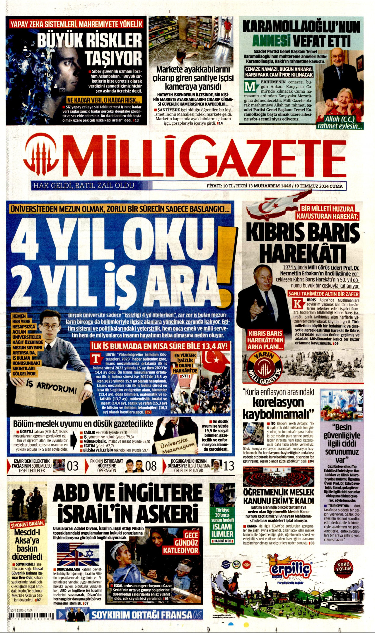 MİLLİ GAZETE gazetesinin 19 Temmuz 2024 tarihli birinci sayfası