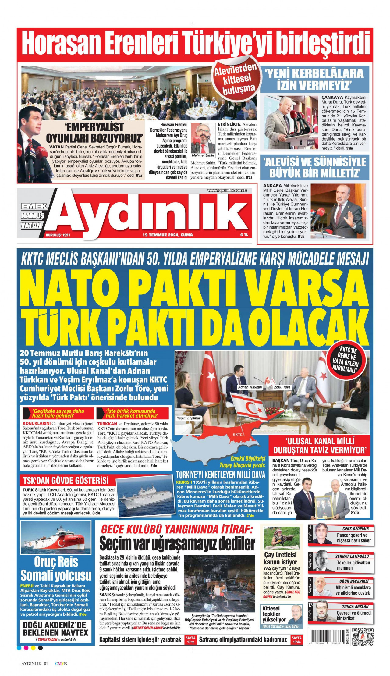 AYDINLIK GAZETESİ gazetesinin 19 Temmuz 2024 tarihli birinci sayfası