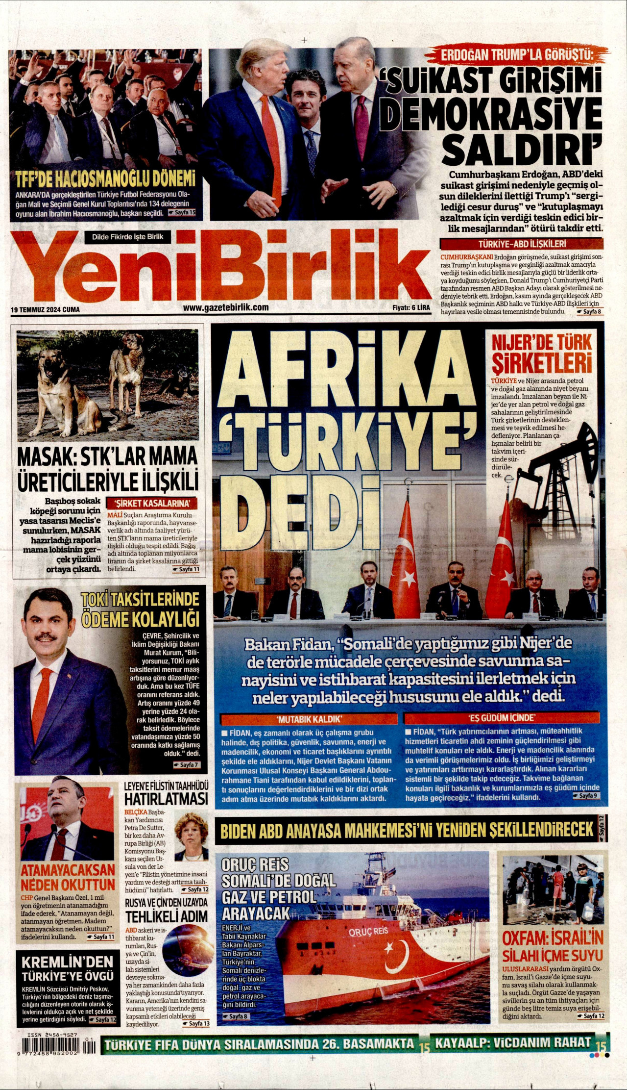 YENİBİRLİK gazetesinin 19 Temmuz 2024 tarihli birinci sayfası