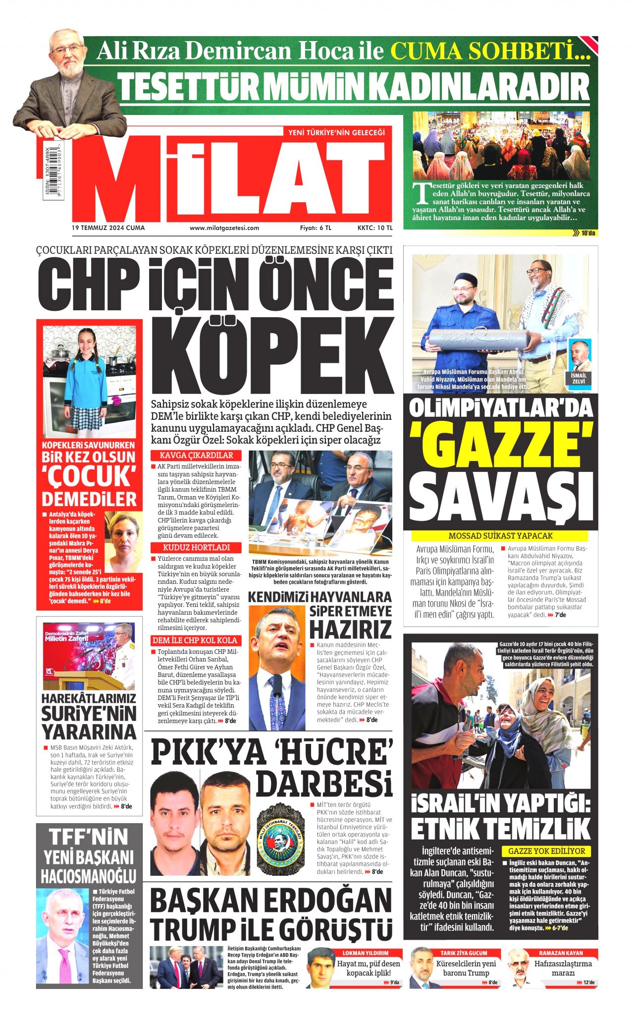 MİLAT gazetesinin 19 Temmuz 2024 tarihli birinci sayfası