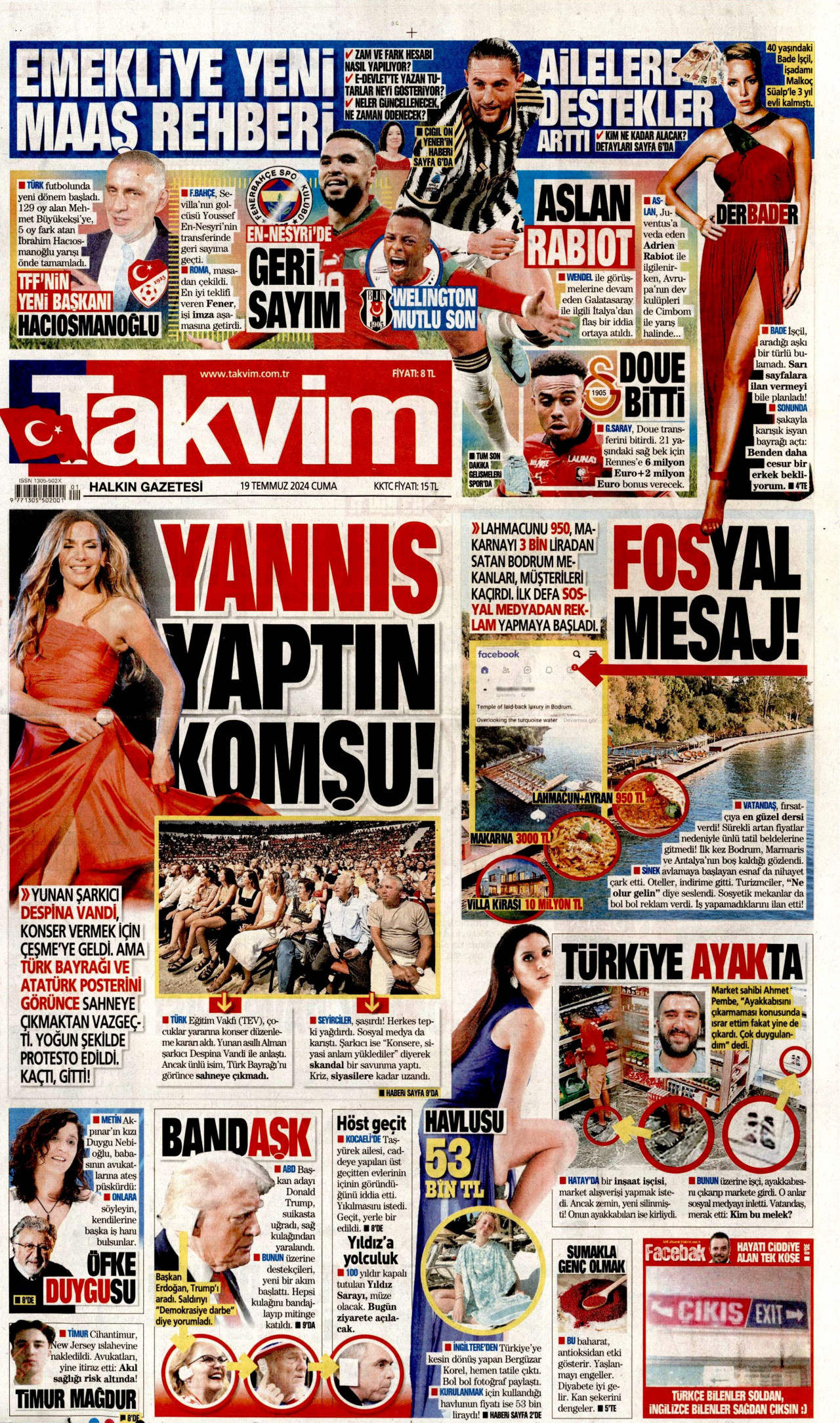 TAKVİM gazetesinin 19 Temmuz 2024 tarihli birinci sayfası